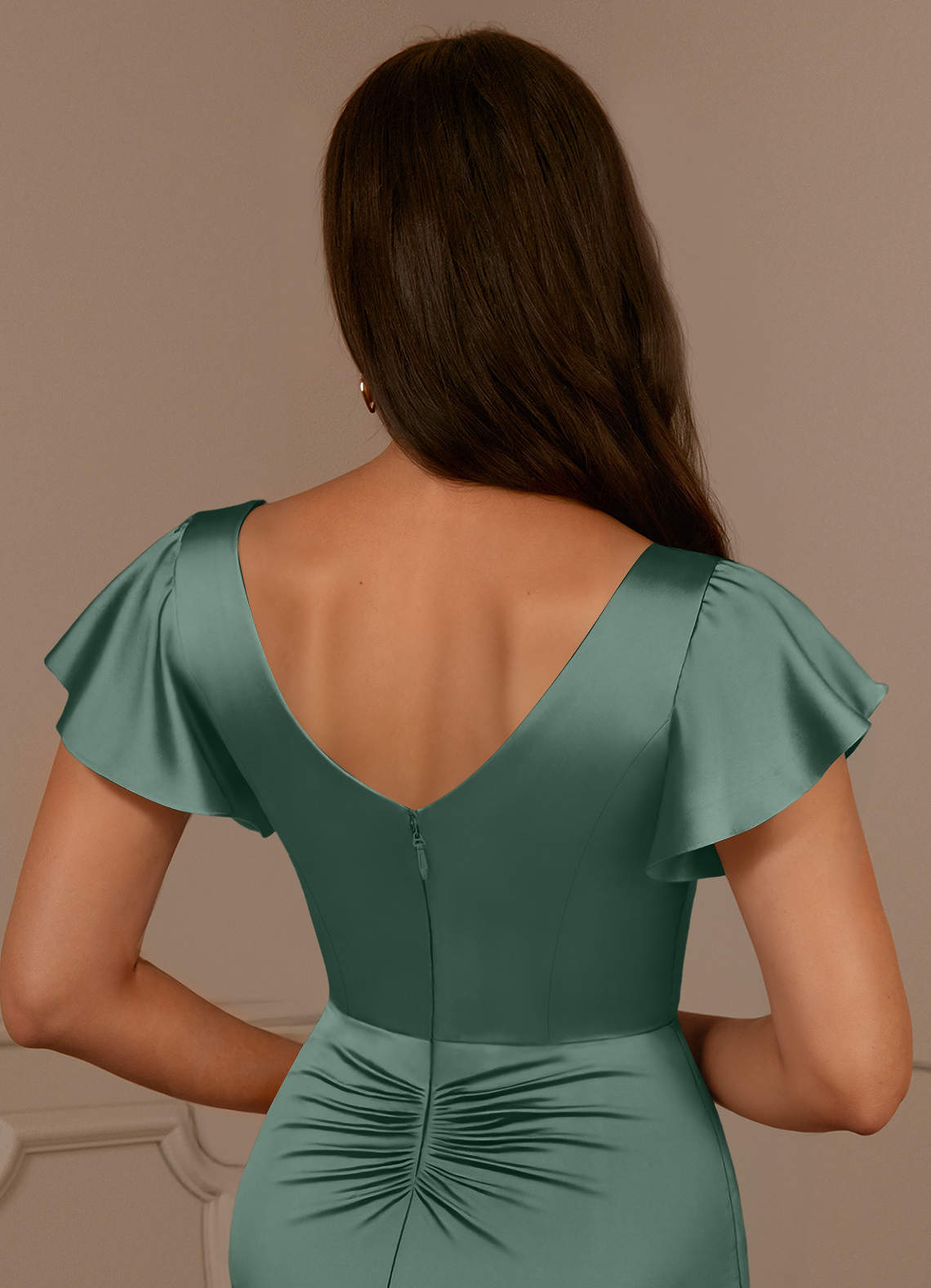 Azazie Roya Mother of the Bride Dresses Eucalyptus Mermaid V-Neck Pleated Stretch Satin Dress image5