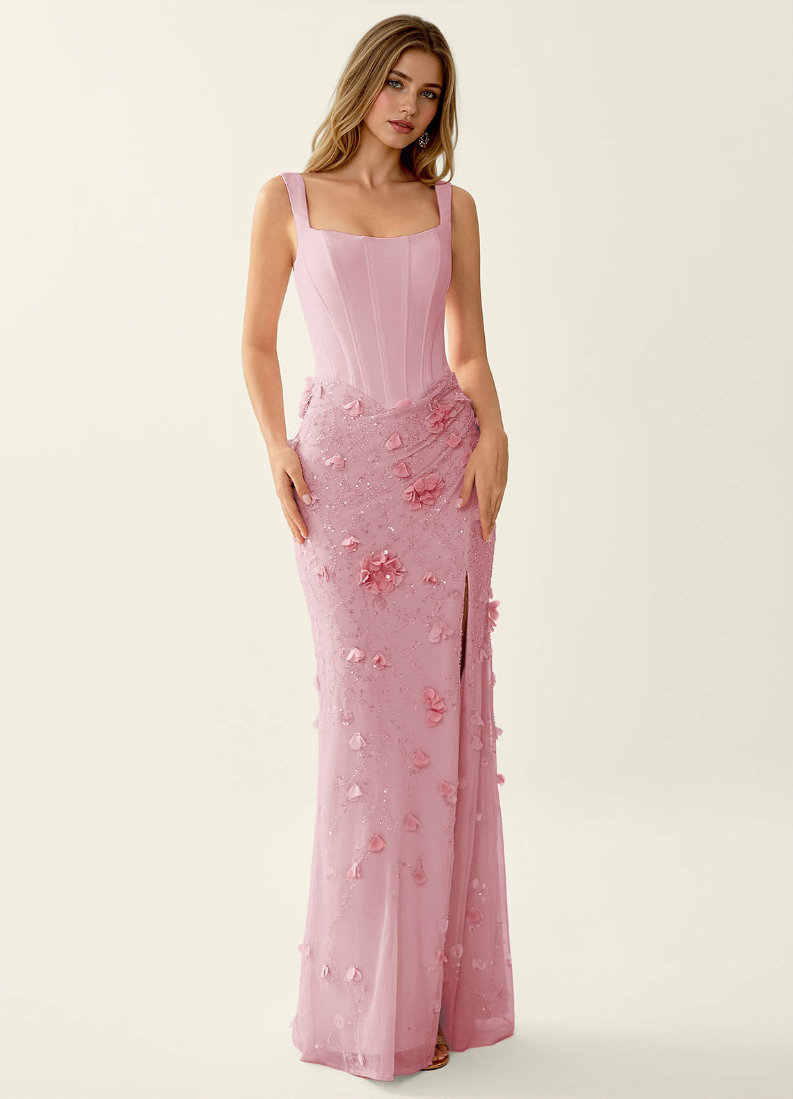 Belinda Pink 3D Flowers Corset Lace Up Back Mermaid Prom Dress image2