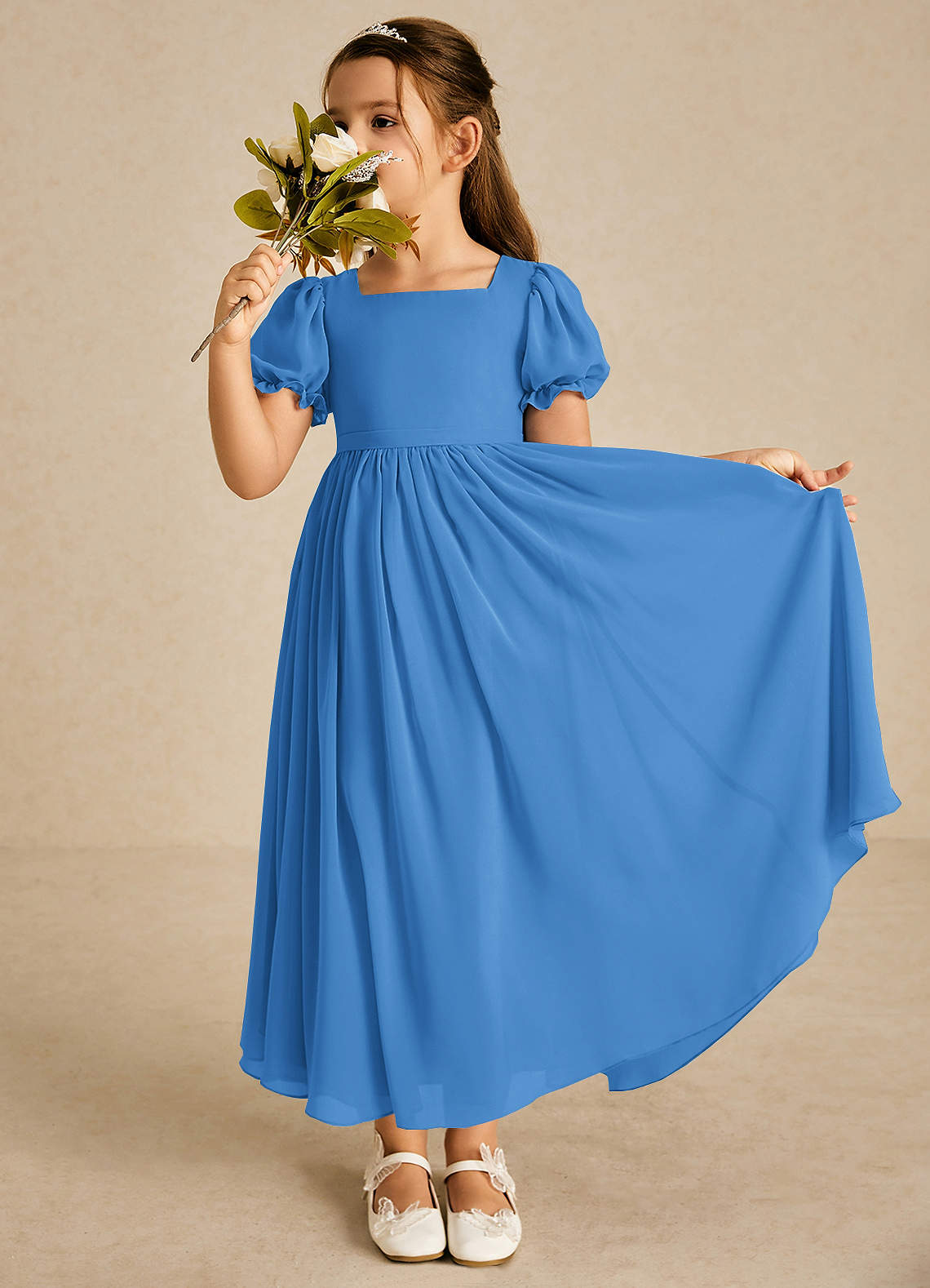 Azazie Joss Flower Girl Dresses Blue Jay A-Line with Sleeves Chiffon Dress image1