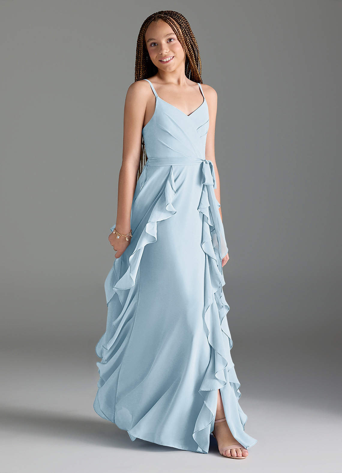 Azazie Peyton Junior Vestido Céu Azul de Chiffon de Linha A com Plissado image2