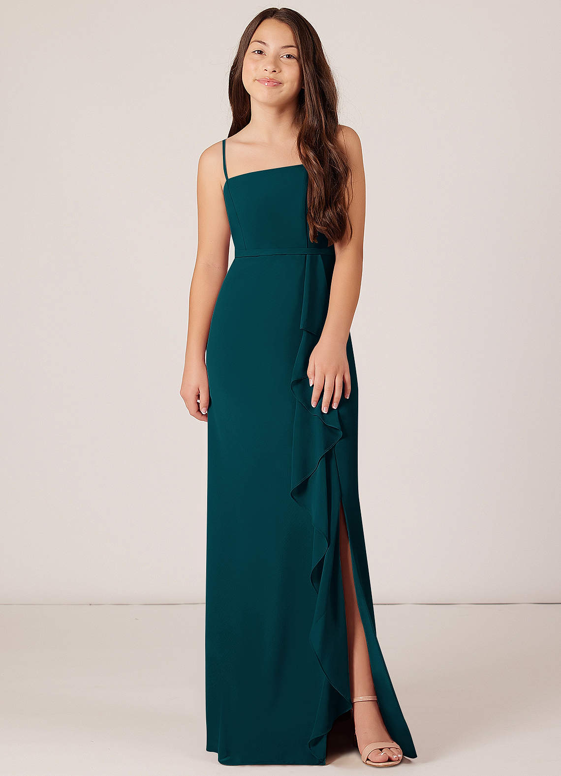 Azazie Kaylee Junior Pine A-Line with Belt Chiffon Dress image1