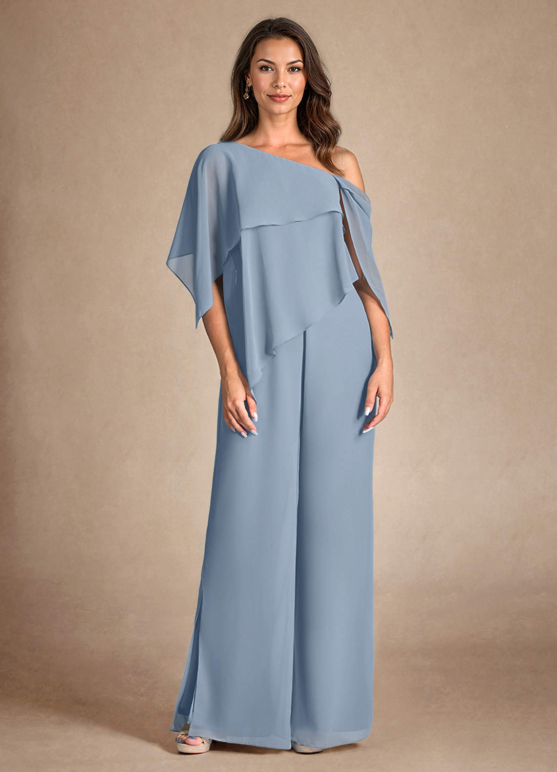 Azazie Halima Mère de la mariée Robes Robe Combinaison/Tailleur Pantalon en Mousseline de soie Fente Latérale Bleu Poussiéreux image6