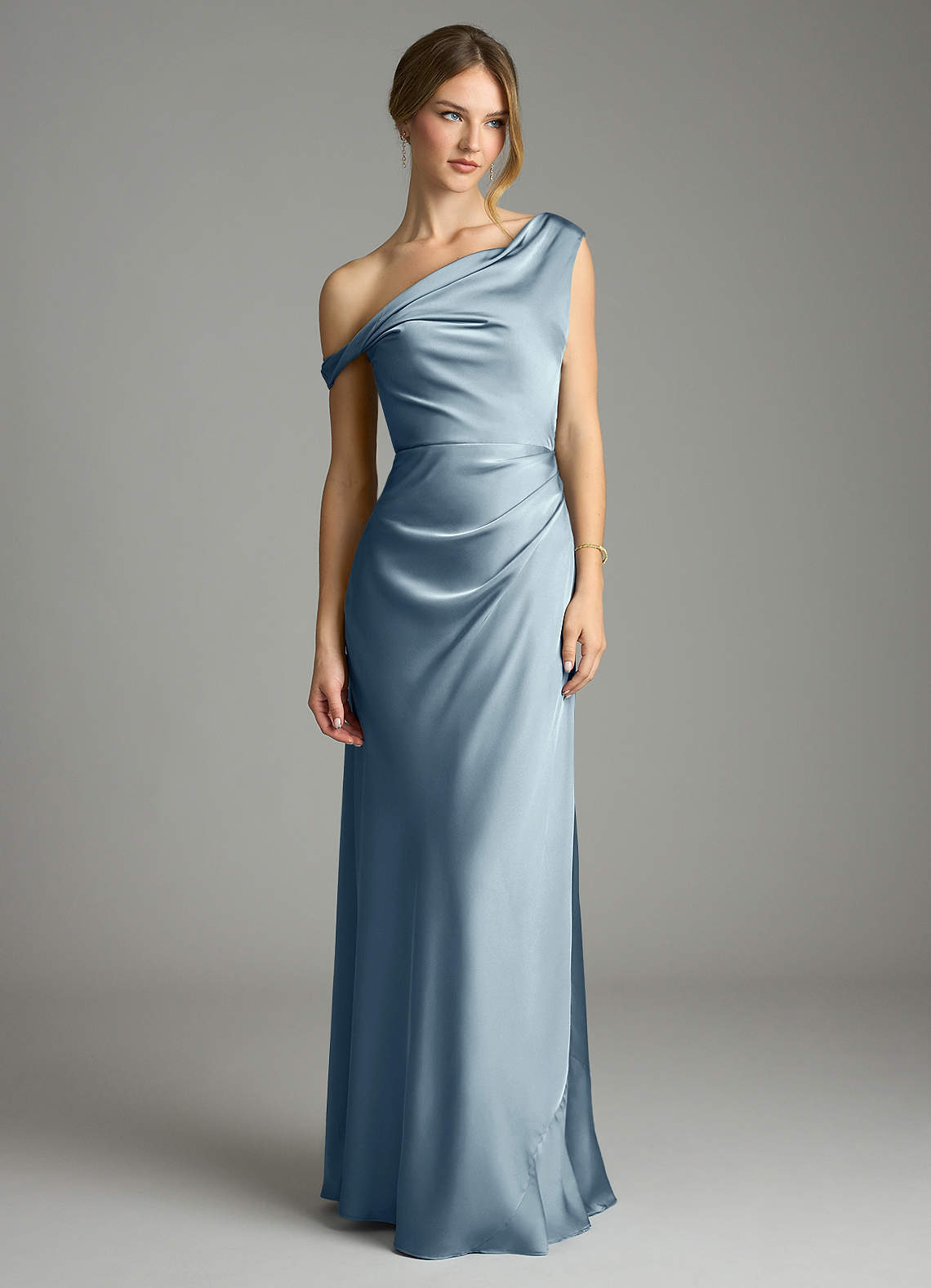 Azazie Emerson Bridesmaid Dresses Dusty Blue Mermaid Off the Shoulder Stretch Satin Dress image2