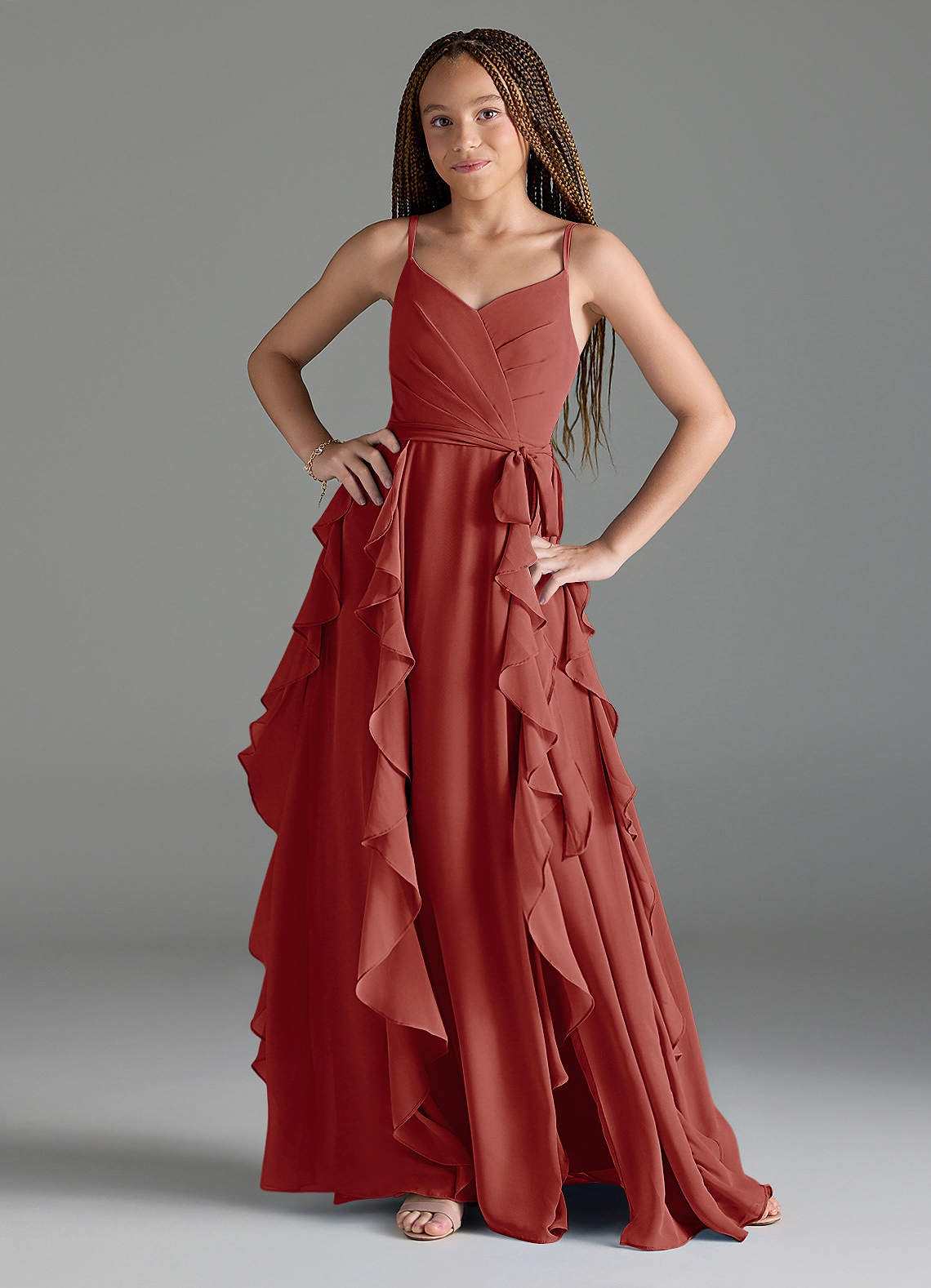 Azazie Peyton Junior Terracotta A-Line V-Neck Cascading Ruffles Chiffon Dress image1