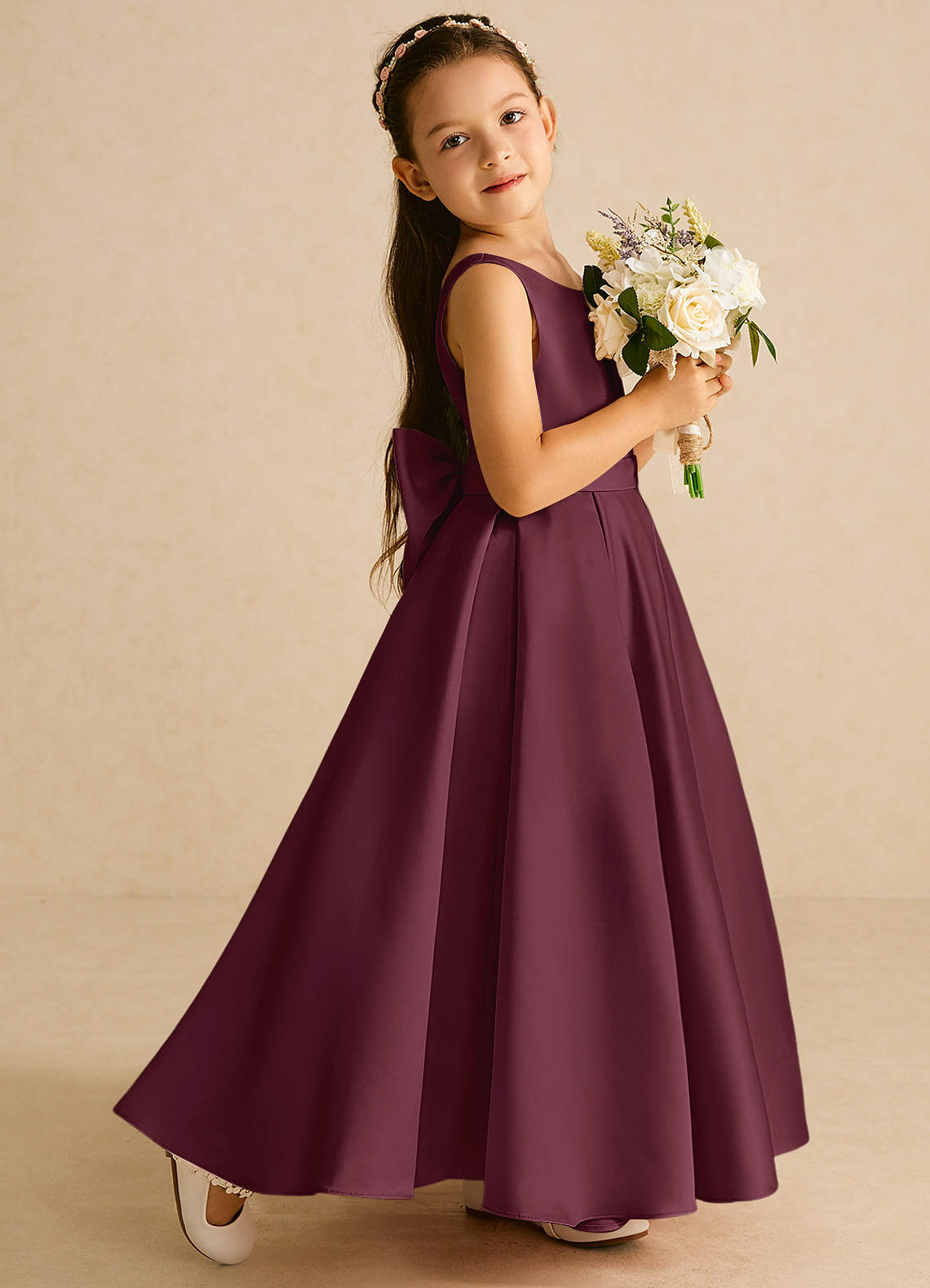 Azazie Pipsy Flower Girl Dresses Cabernet A-Line Bow Matte Satin Dress image2