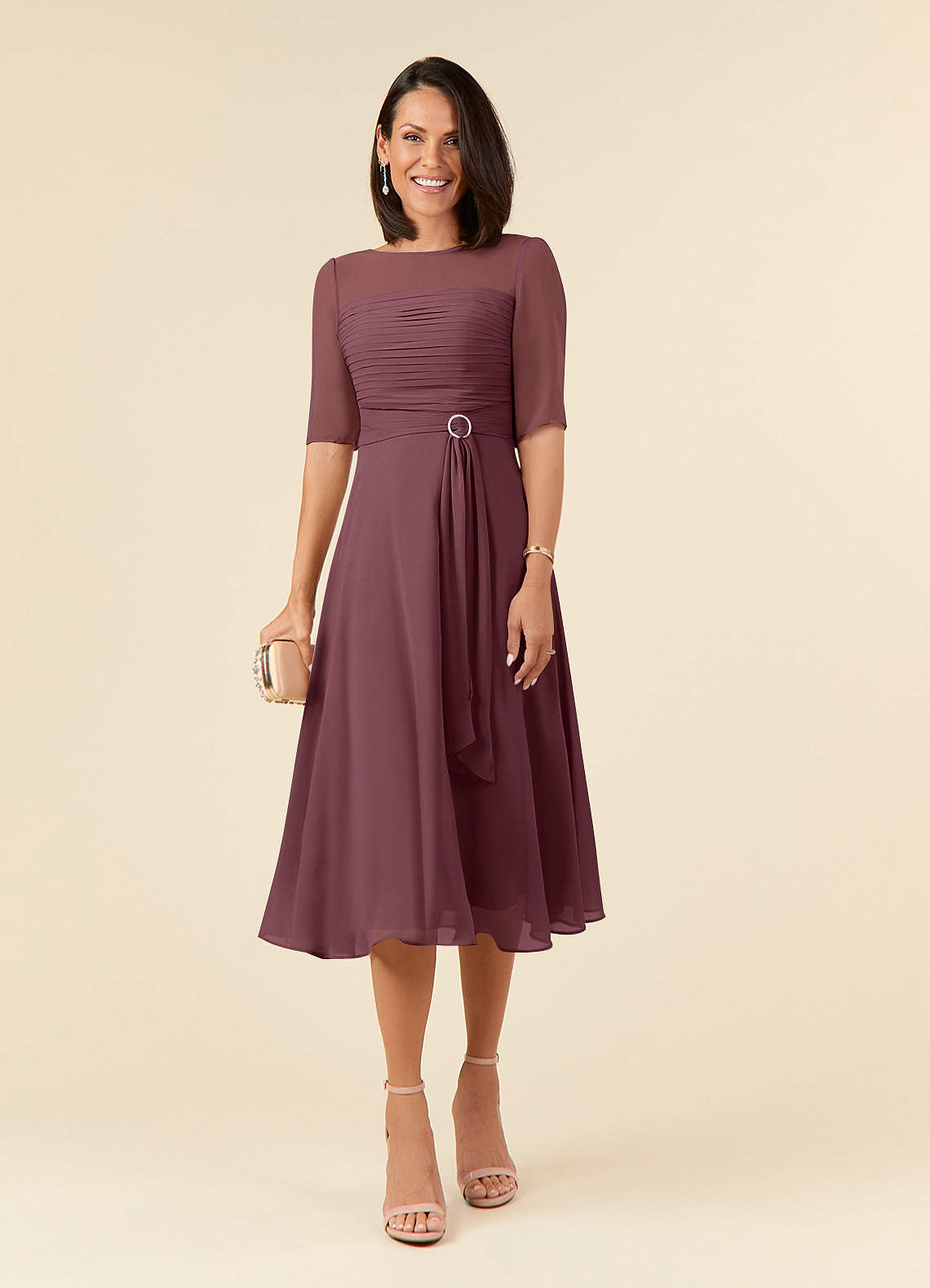 Azazie Naomi Mother of the Bride Dresses Sangria A-Line Boatneck Pleated Chiffon Dress image1