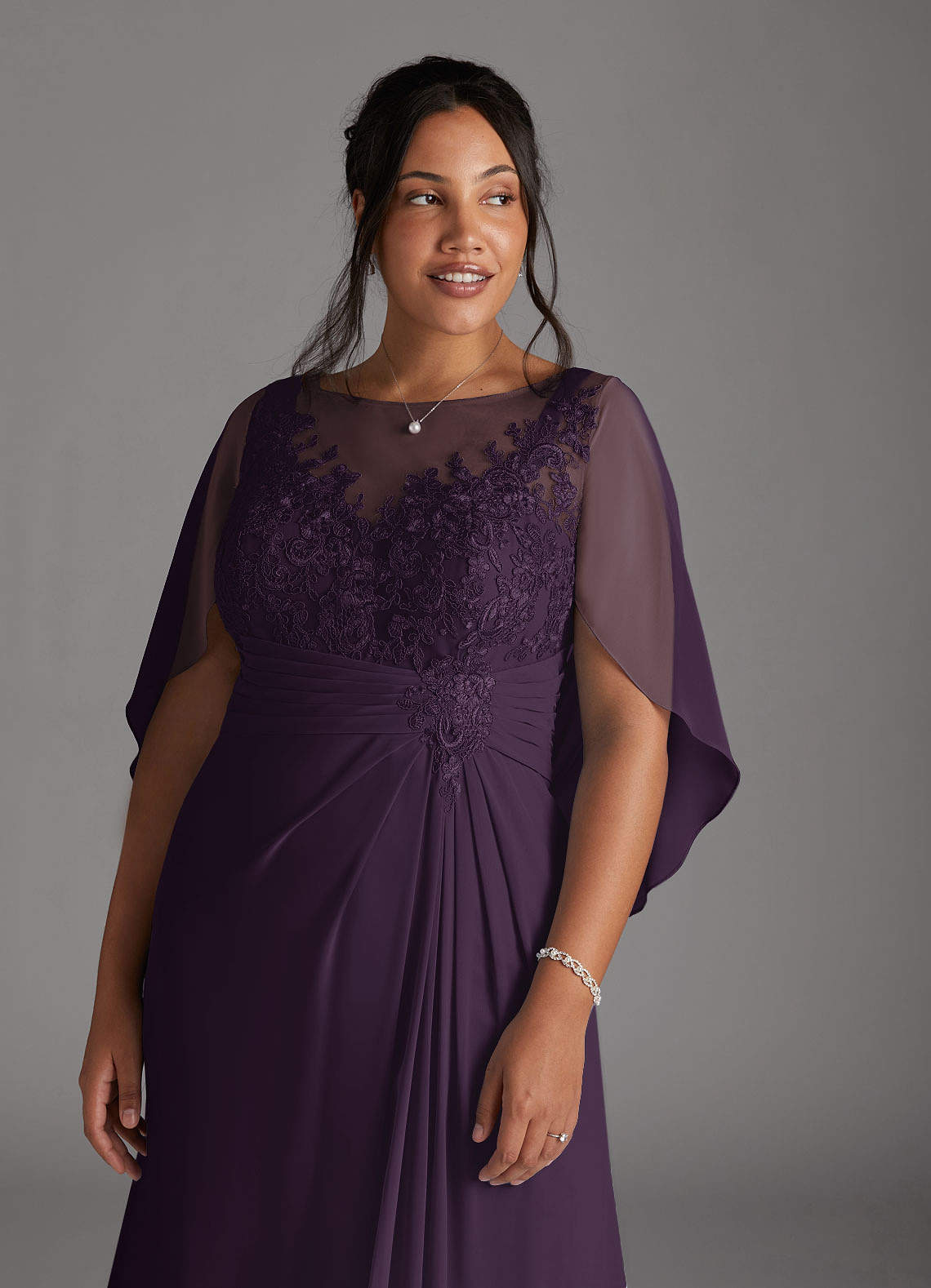 Azazie Hera Mother of the Bride Dresses Plum A-Line Lace Capelet Chiffon Dress image10