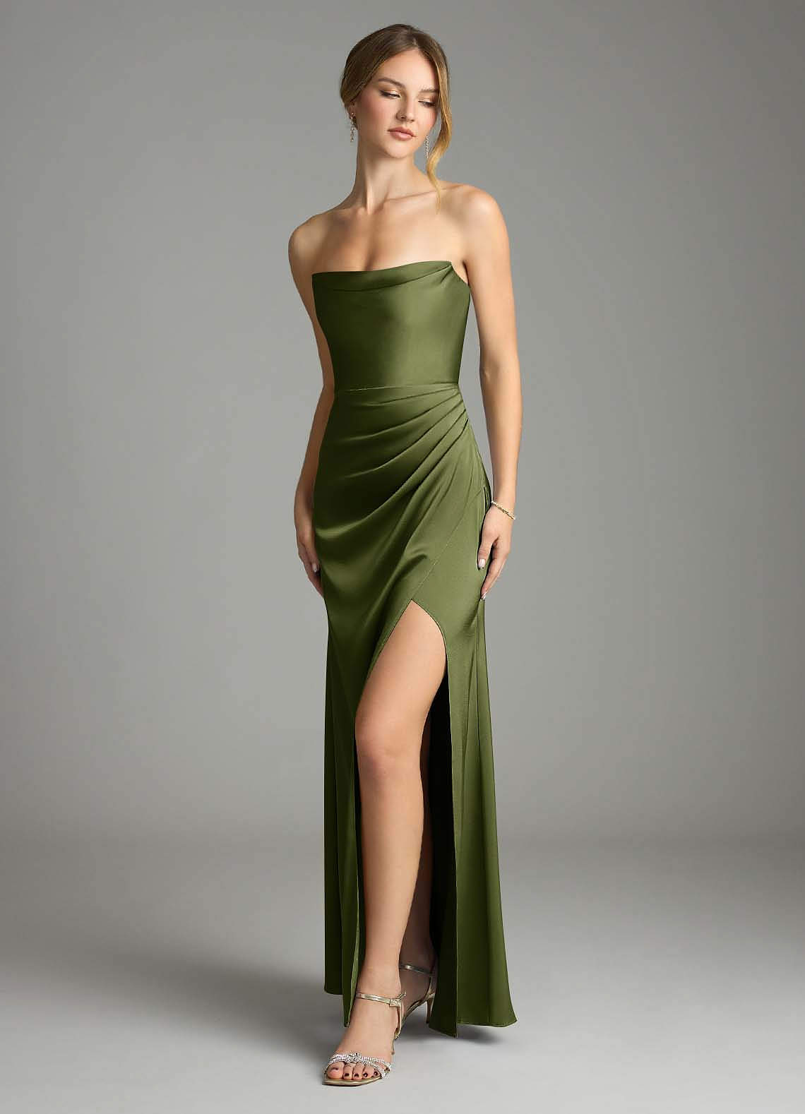 Azazie Leonis Olive Stretch Satin Bridesmaid Dresses | Azazie