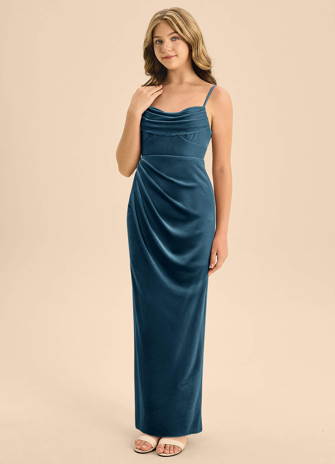 Azazie Mai Junior Blue Topaz A-Line Sweetheart Neckline Velvet Dress image1