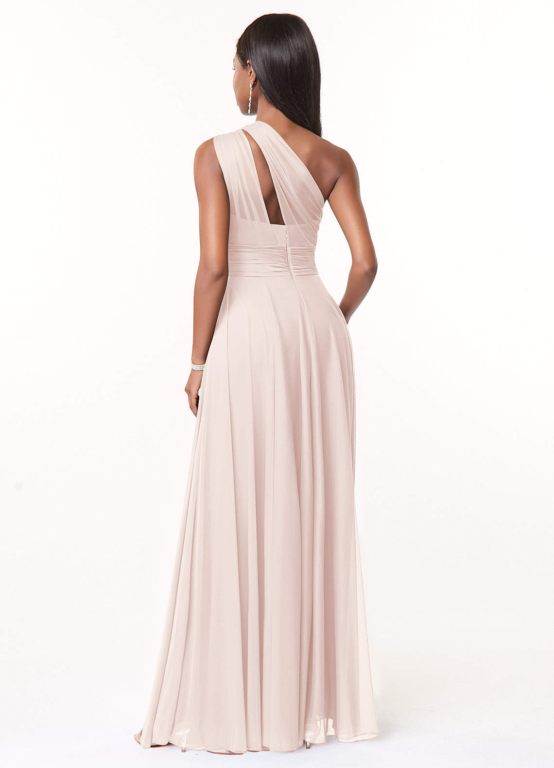 Azazie Charlize Bridesmaid Dresses Rose Petal A-Line One Shoulder Mesh Dress image1