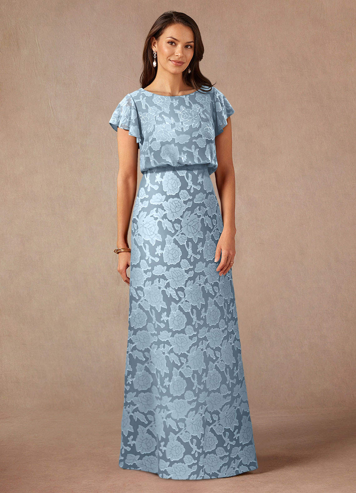 Azazie Lehi vestidos de madre de la novia Vestido de Azul Cielo de Devorado Floral de Corte En A con Cuello de barco image2