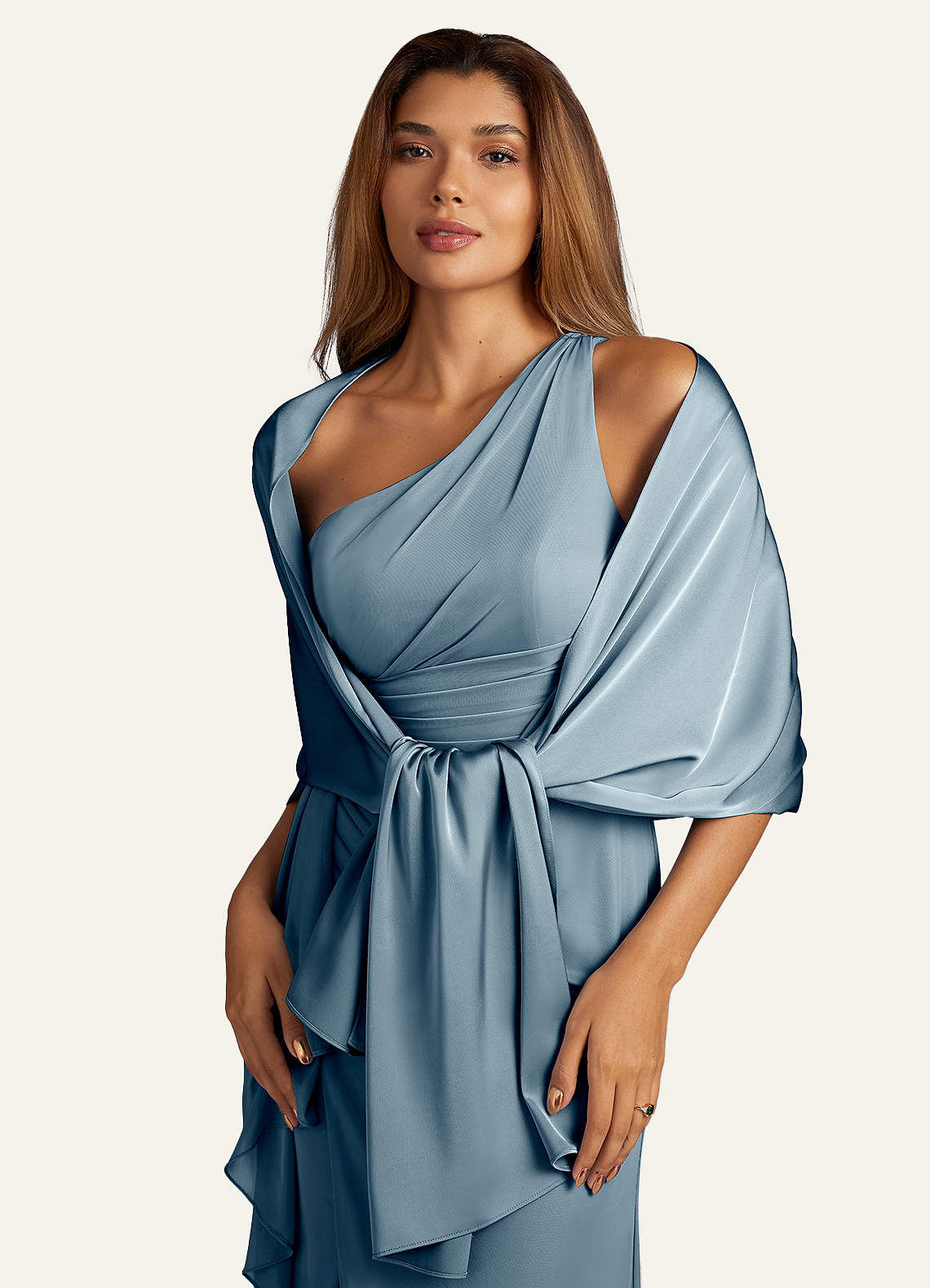 front Azazie Matching Color Aleena Stretch Satin Shawl