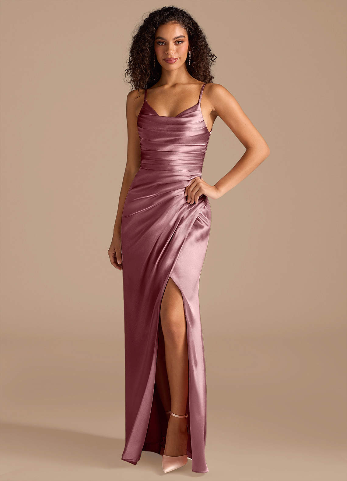 Azazie Deandra Bridesmaid Dresses Vintage Mauve Mermaid Pleated Metallic Satin Dress image1