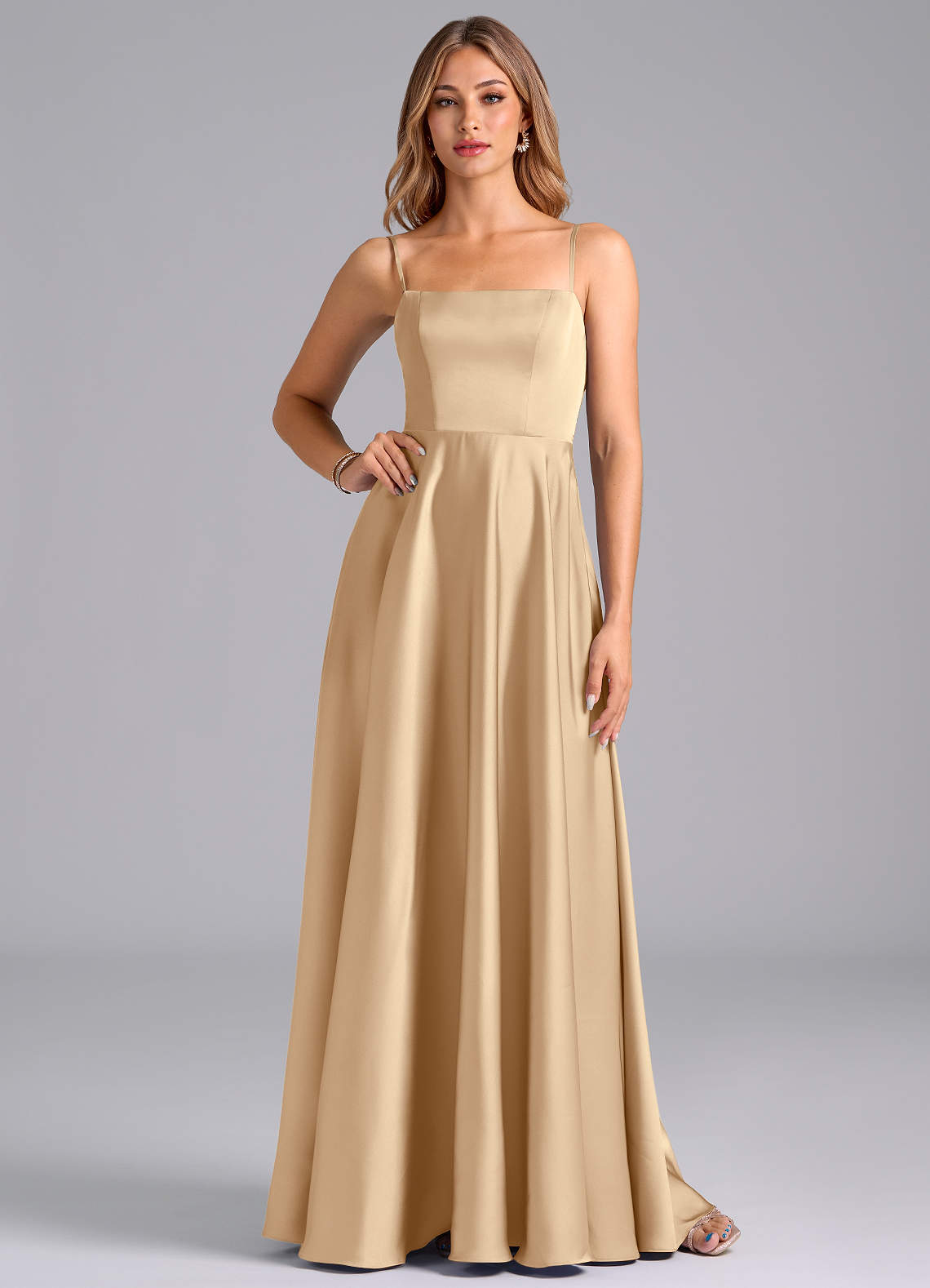 Azazie A-Line Straight Floor-Length Stretch Satin Bridesmaid Dresses - Champagne