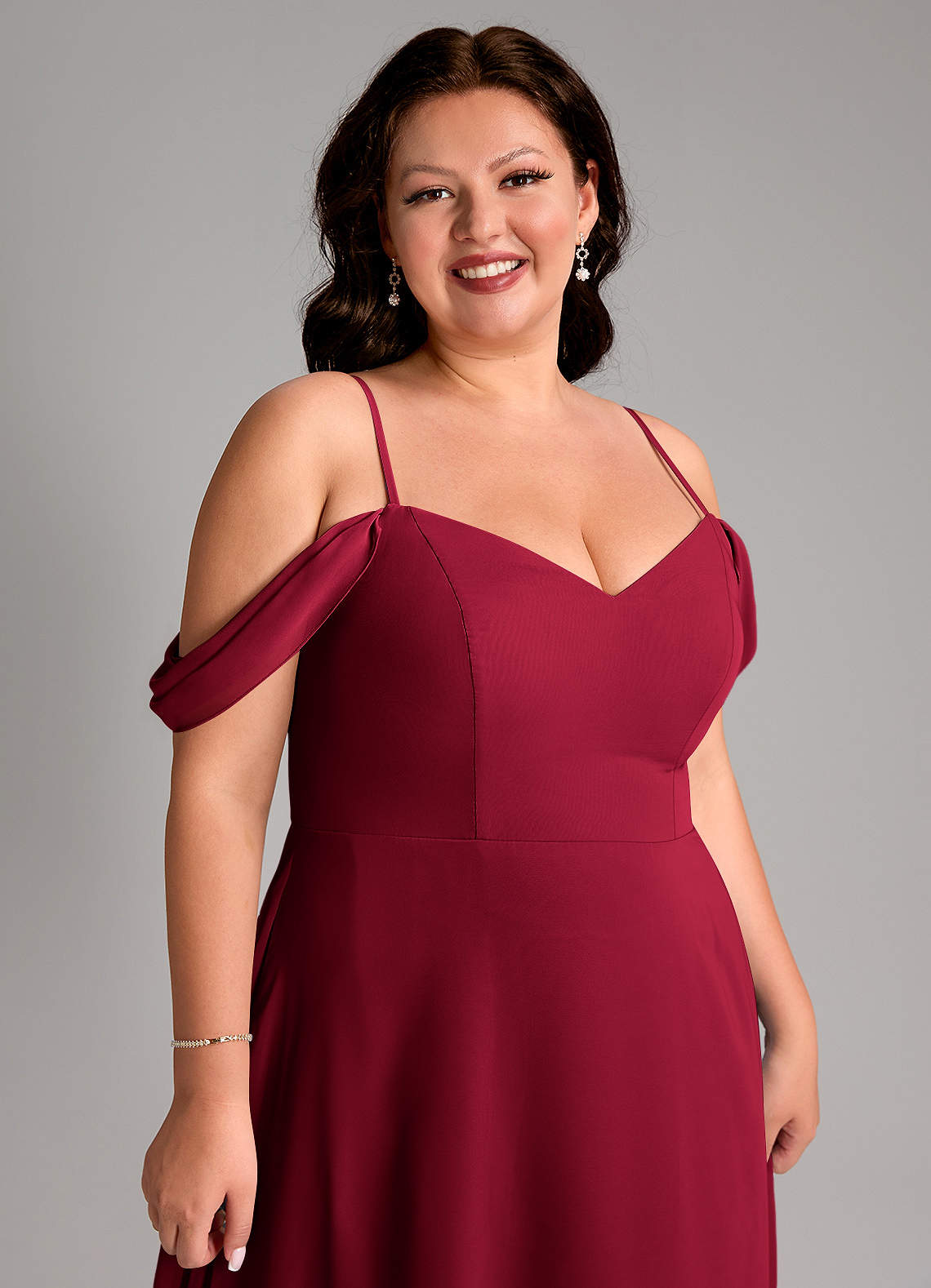 Azazie Marley At-home Try On Dresses Burgundy A-Line Off the Shoulder Chiffon Convertible Dress image15