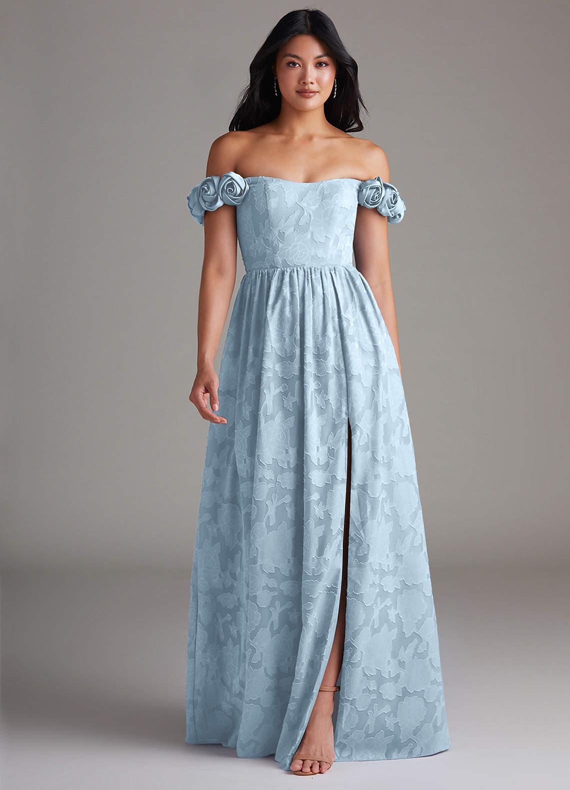 Azazie Autumn Bridesmaid Dresses Sky Blue A-Line Off the Shoulder Floral Burnout Convertible Dress image1