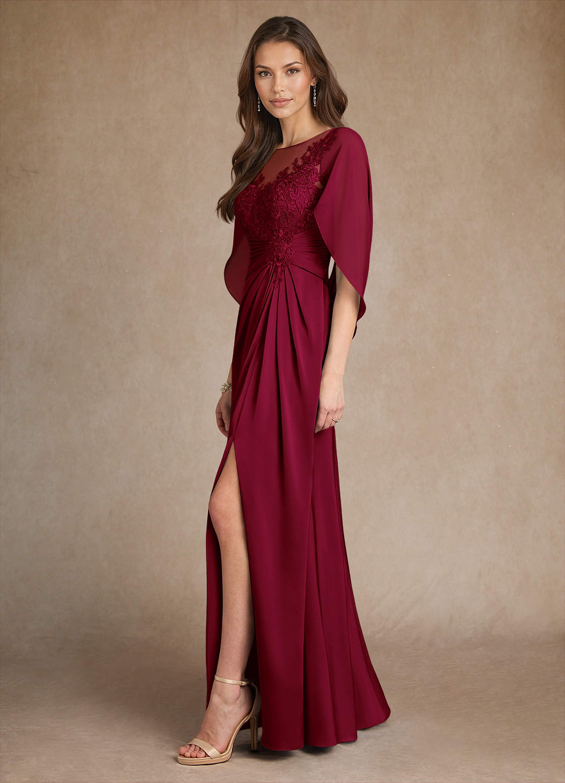Azazie Hera Mother of the Bride Dresses Burgundy A-Line Lace Stretch Satin Dress image1
