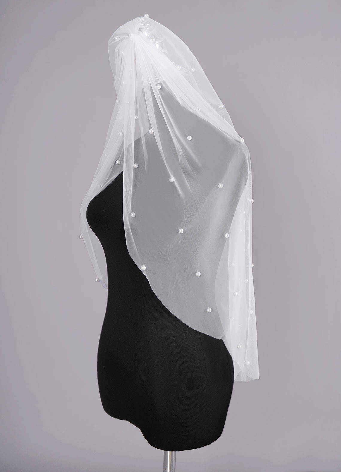 front Megara Pearl Waist Length Veil