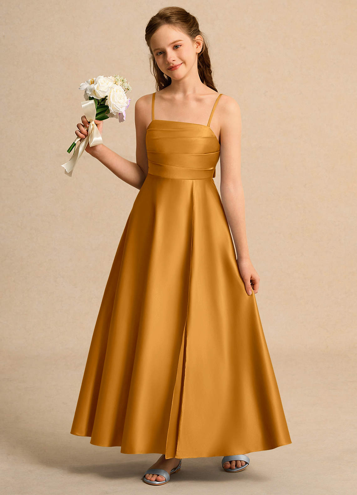 Azazie A-Line/Princess Scalloped Neck Ankle-Length Matte Satin Flower Girl Dresses - butterscotch Azazie A-Line/Princess Scalloped Neck Ankle-Length Matte Satin Flower Girl Dresses - butterscotch
