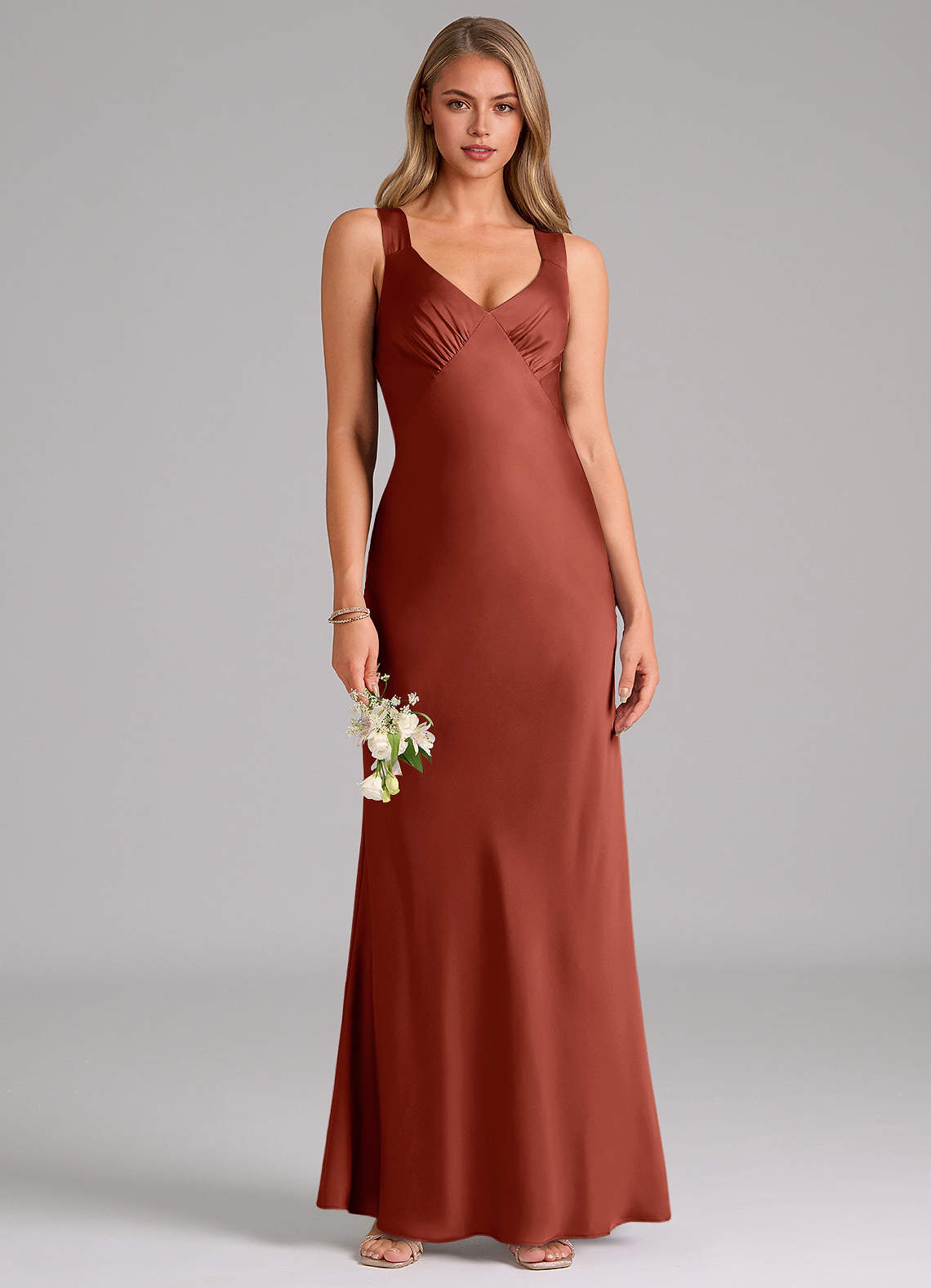 Azazie Kamila Brautjungfernkleider A-Linie Plissee Stretch-Satin Kleid Terrakotta image1