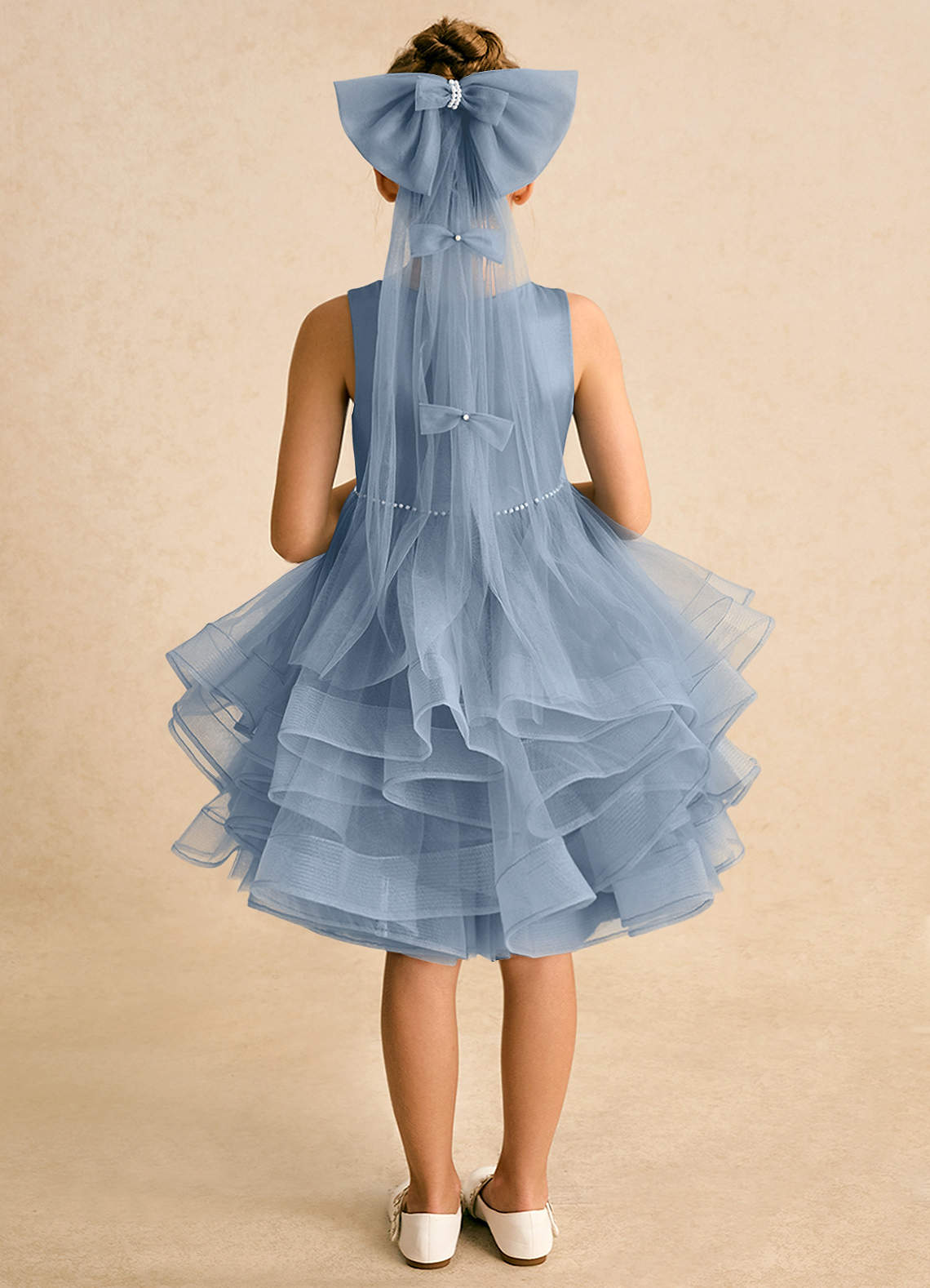 Azazie Tinie Flower Girl Dresses Dusty Blue Ball-Gown Bow Tulle Dress image5