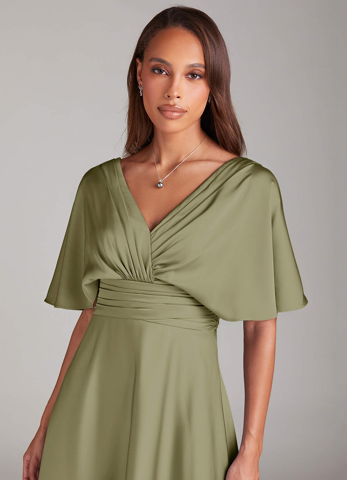 Azazie Pamela Brudtärnklänningar Klä av A-Linje i Stretch Satin Plisserad Pistasch image4