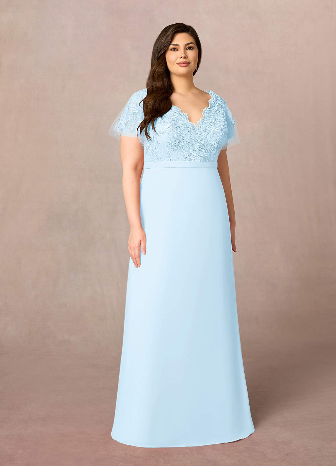 Azazie Singer Mère de la mariée Robes Robe Trapèze en Mousseline de soie Col V Dentelle Bleu Ciel image1