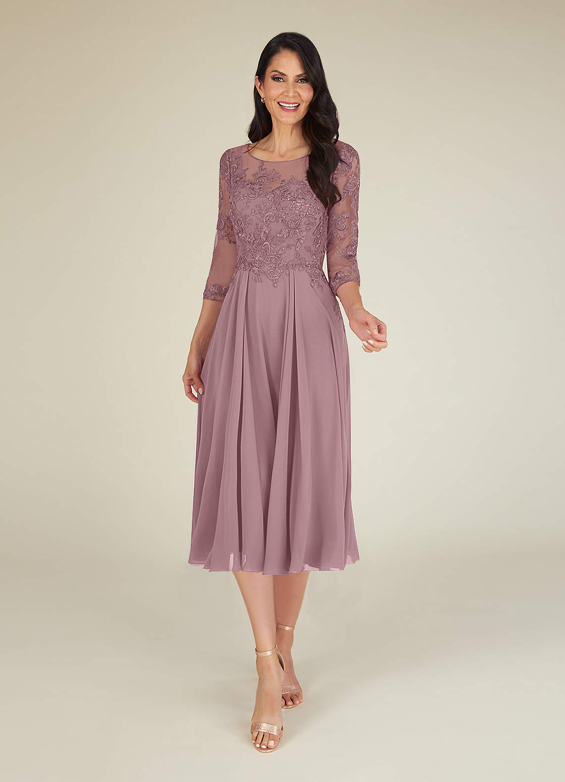 Azazie Marge At-home Try On Dresses Dusty Rose A-Line Scoop Lace Chiffon Dress image1