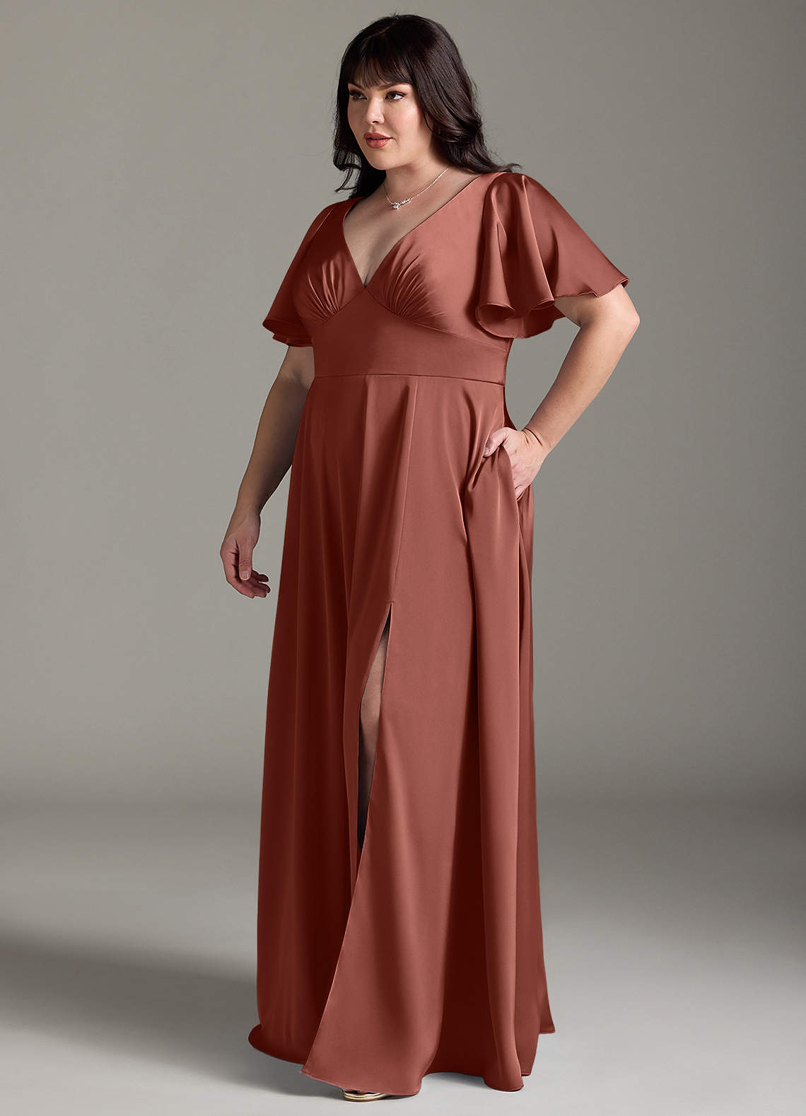 Azazie Kimber Bridesmaid Dresses Auburn A-Line Ruched Stretch Satin Dress image9