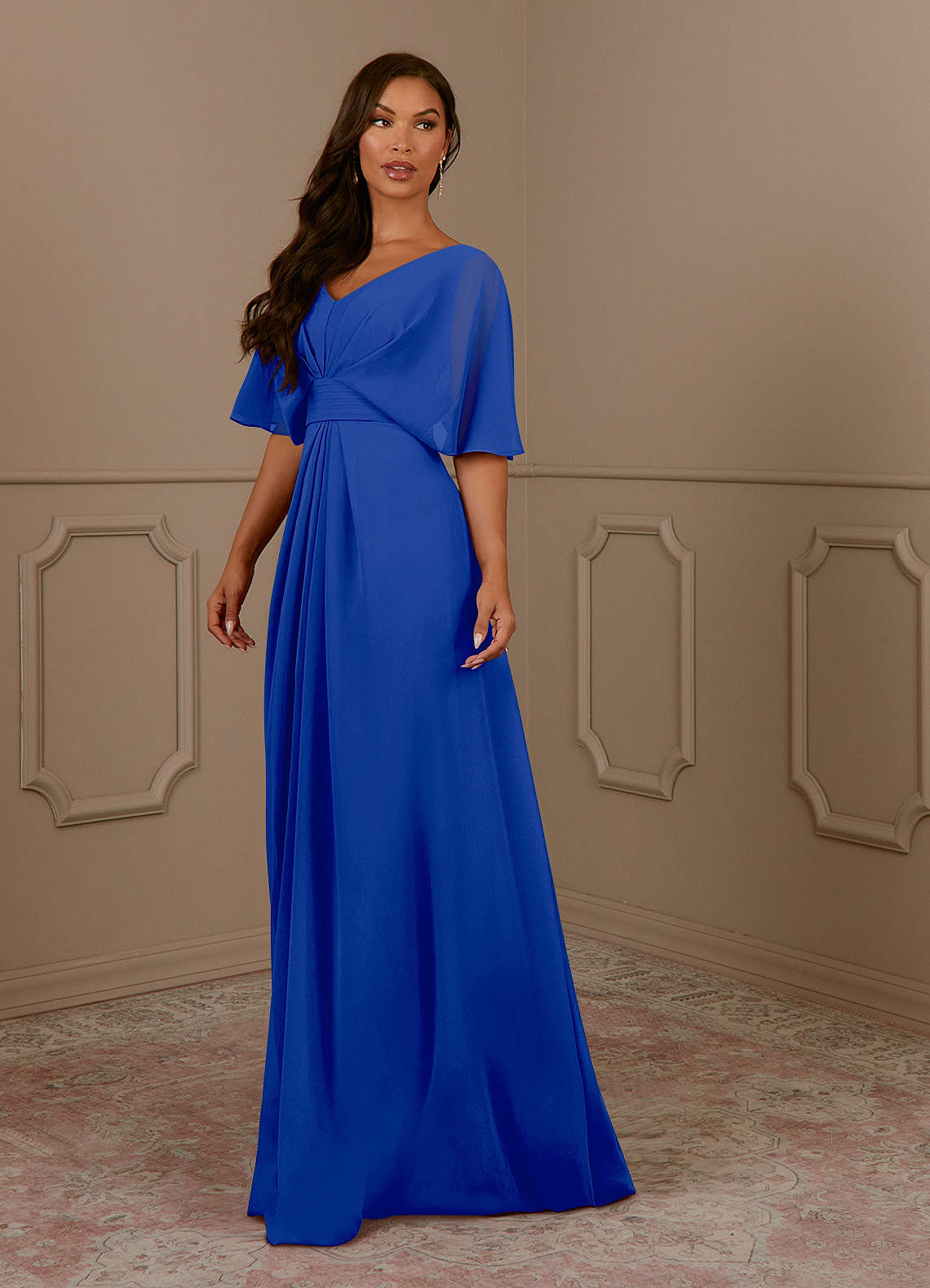Azazie Oksana Mother of the Bride Dresses Royal Blue A-Line V-Neck Pleated Chiffon Dress image1