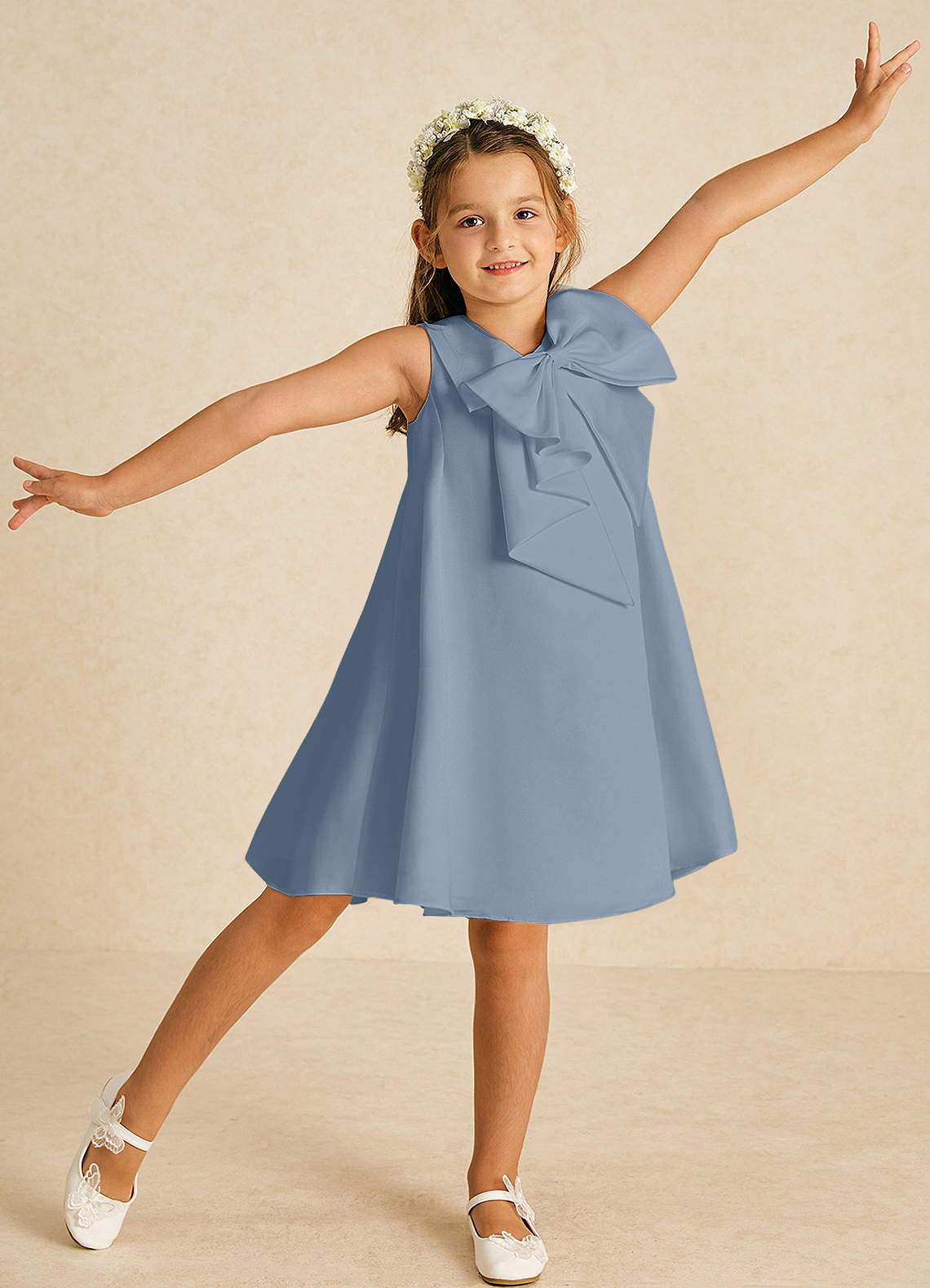 Azazie Zoey Flower Girl Dresses Dusty Blue A-Line Bow Matte Satin Dress image1
