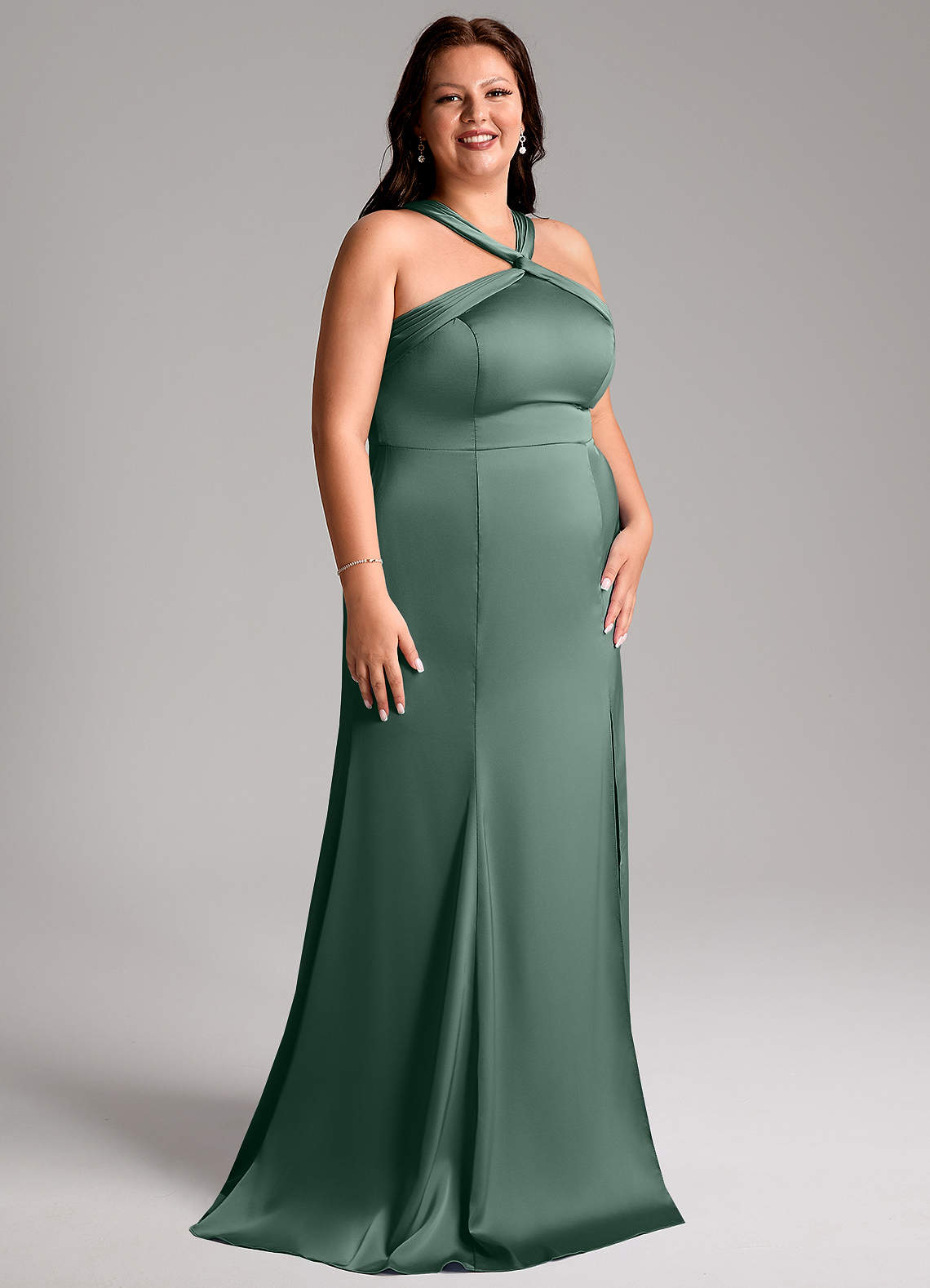 Azazie Rue Vestidos de damas de honor Vestido de Eucalipto de Satén Elástico de Corte Sirena con Plisado image11