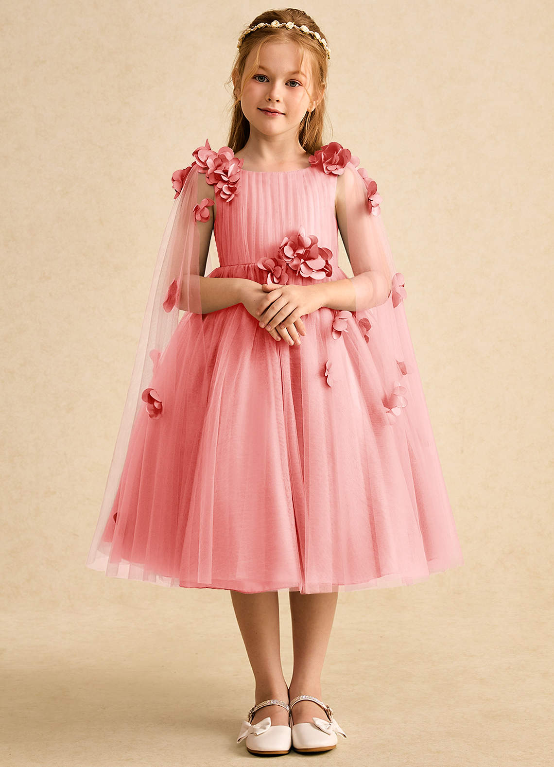 Azazie Staria Flower Girl Dresses Coral Ball-Gown Ruched Tulle Dress image1