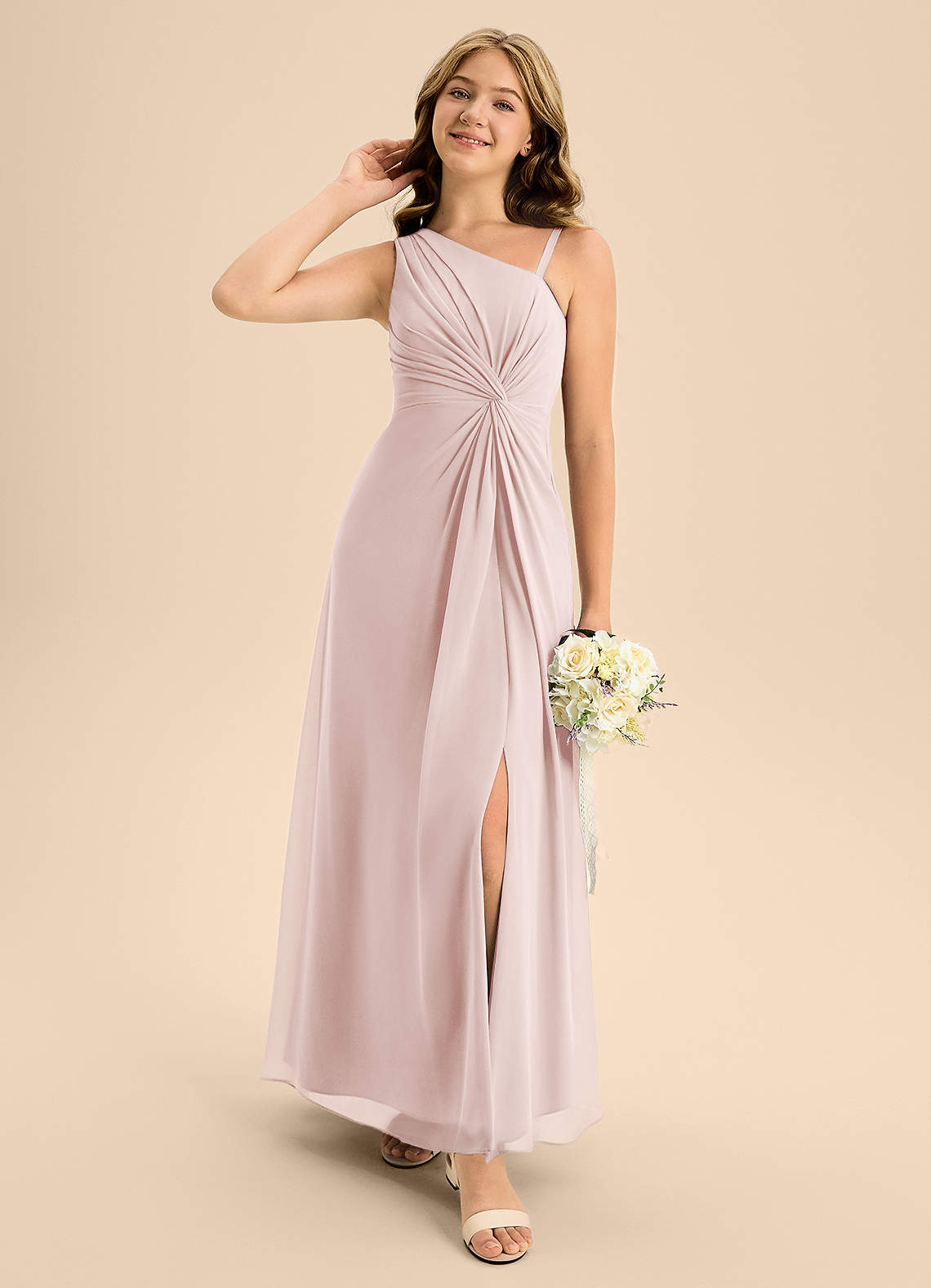 Azazie Brooke Junior Blushing Pink A-Line Side Slit Chiffon Dress image1