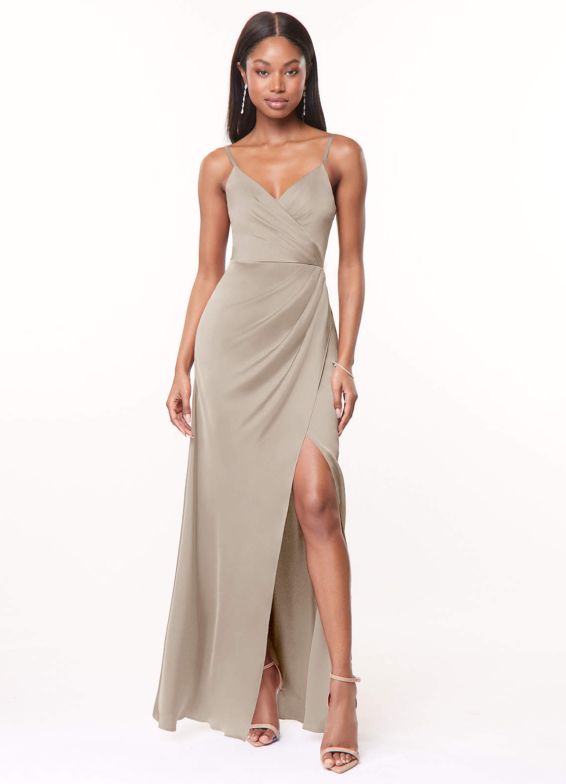 Azazie Maci Bridesmaid Dresses Frost A-Line V-Neck Pleated Stretch Satin Dress image1