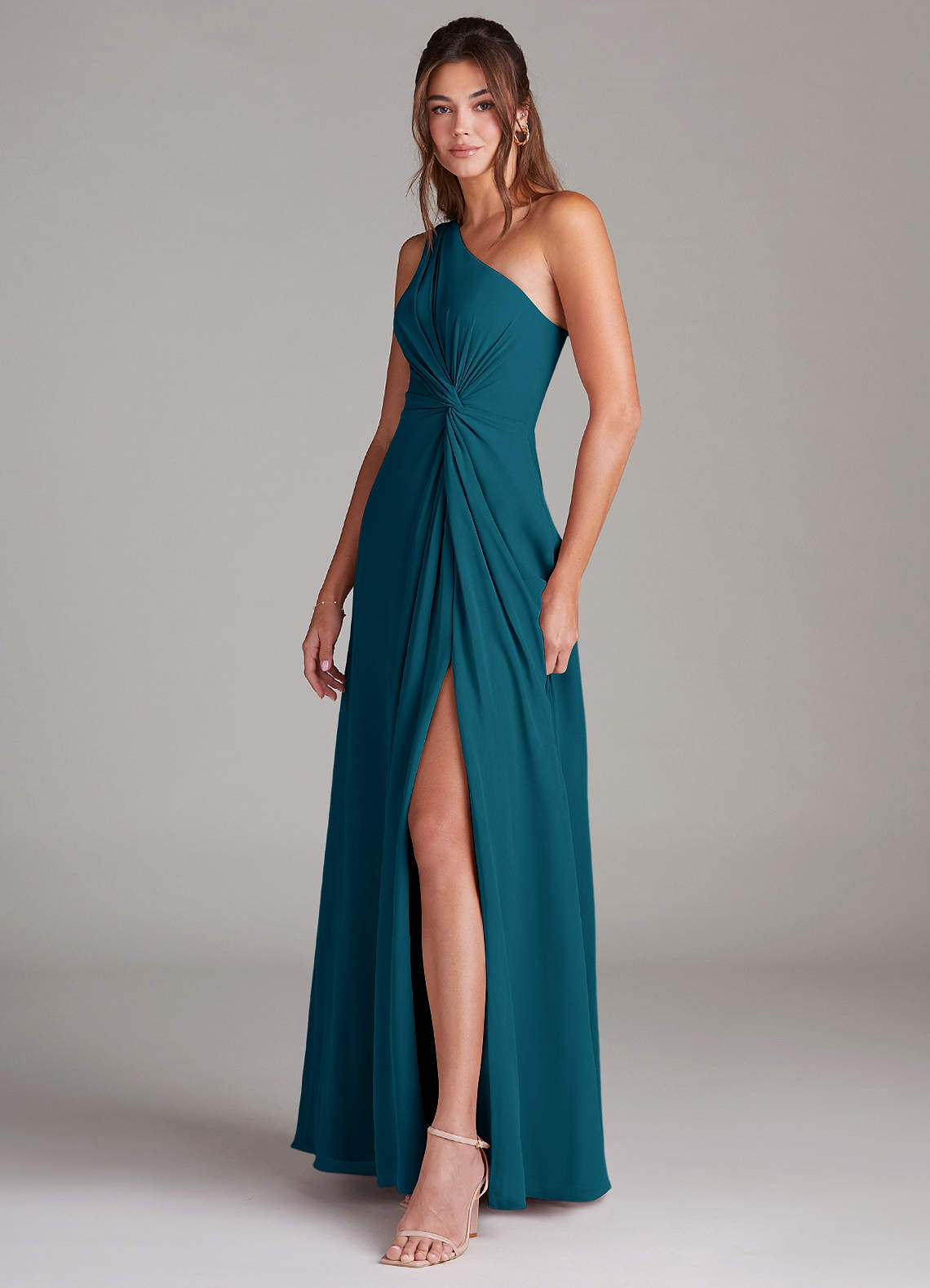 Azazie Brooke Bridesmaid Dresses Ink Blue A-Line One Shoulder Chiffon Dress image4