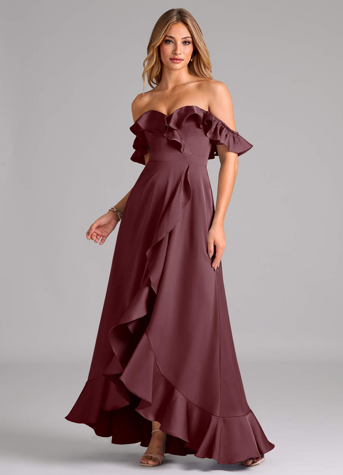 Azazie Lyra Bridesmaid Dresses Sangria A-Line Off the Shoulder Stretch Satin Convertible Dress image1