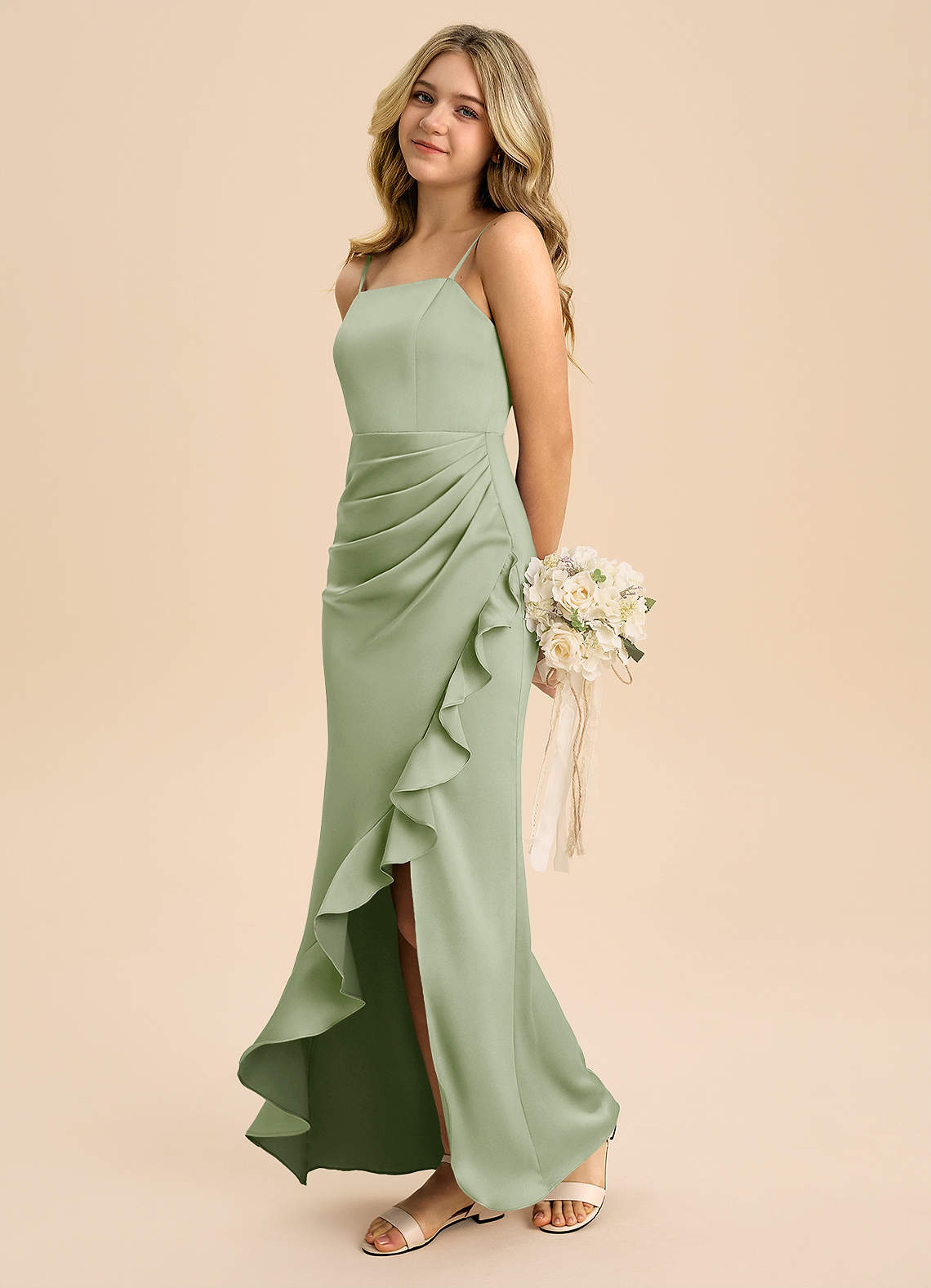 Azazie Buzzy Junior Dusty Sage Sheath Pleated Stretch Satin Dress image5