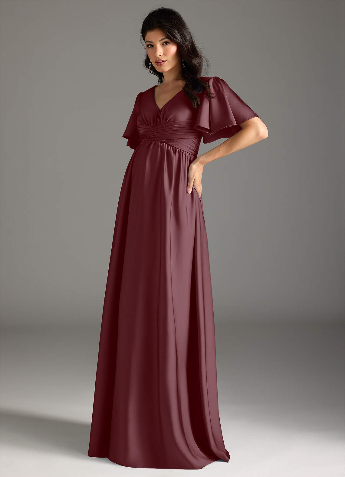 burgundy maternity bridesmaid dresses Azazie Rhea Stretch Satin Dress