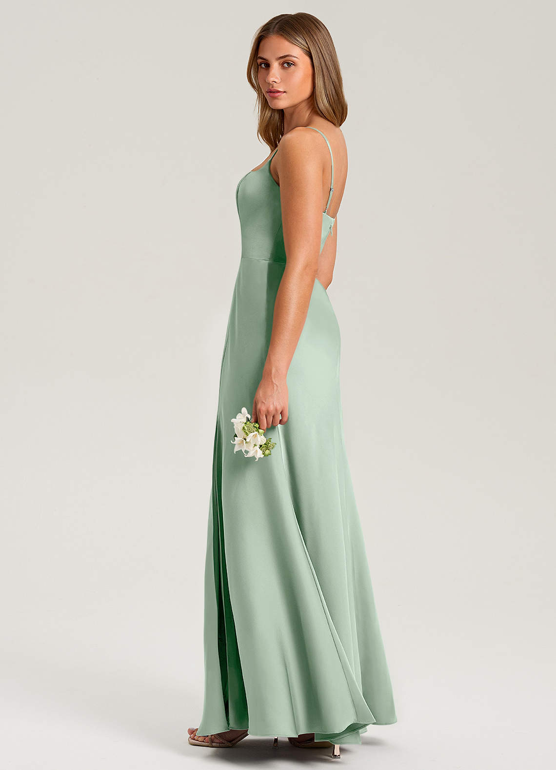 Azazie Lidia Vestidos de madrinha de casamento Vestido Agave de Cetim elástico de sereia com Fenda Lateral image12