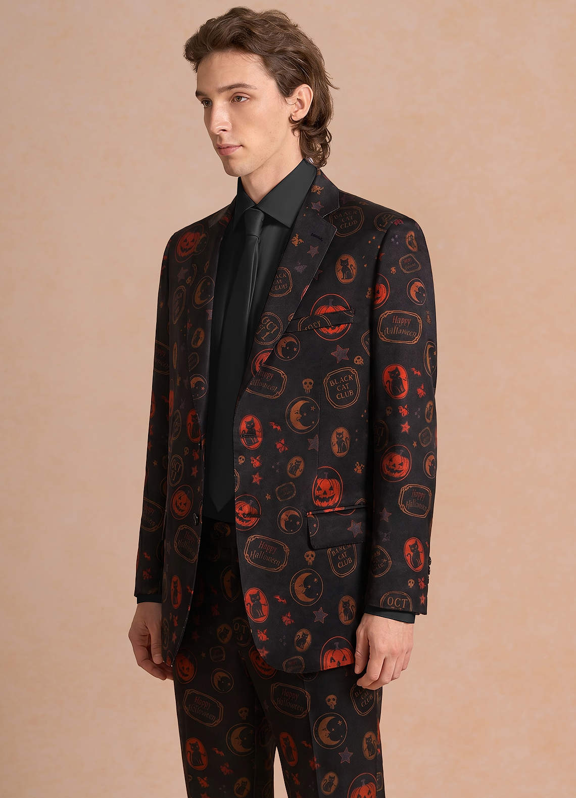 front Caleb Black Vintage Halloween Print Suit Jacket