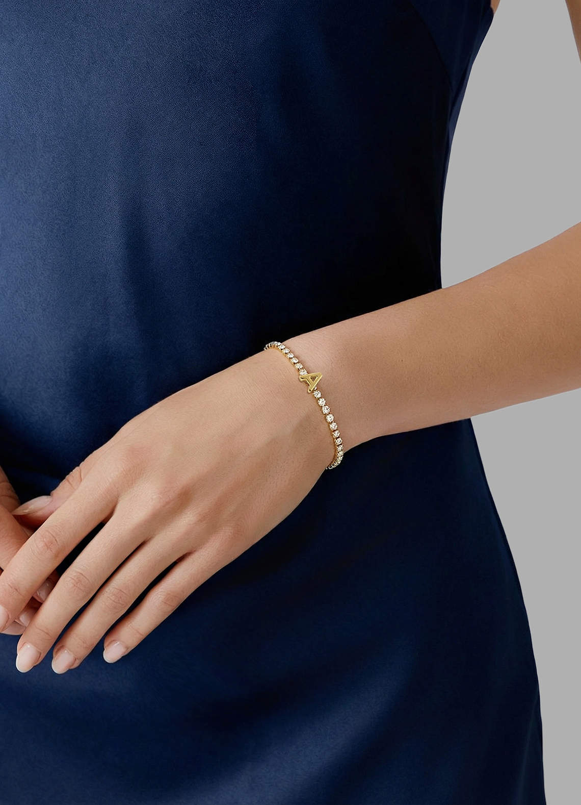 front 18K Gold Plated Stainless Steel Personalized Letter Zirconia Bracelet