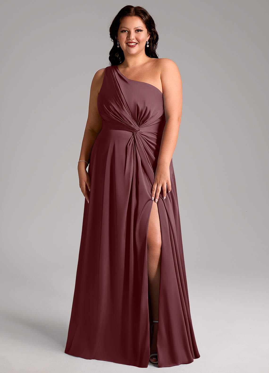 Azazie Brooke Bridesmaid Dresses Sangria A-Line One Shoulder Stretch Satin Dress image1
