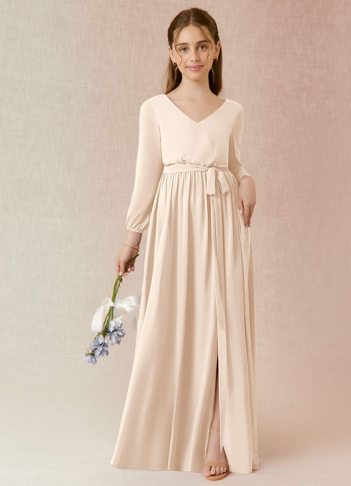 Azazie Angelica Junior White Alabaster A-Line Pleated Chiffon Dress image1