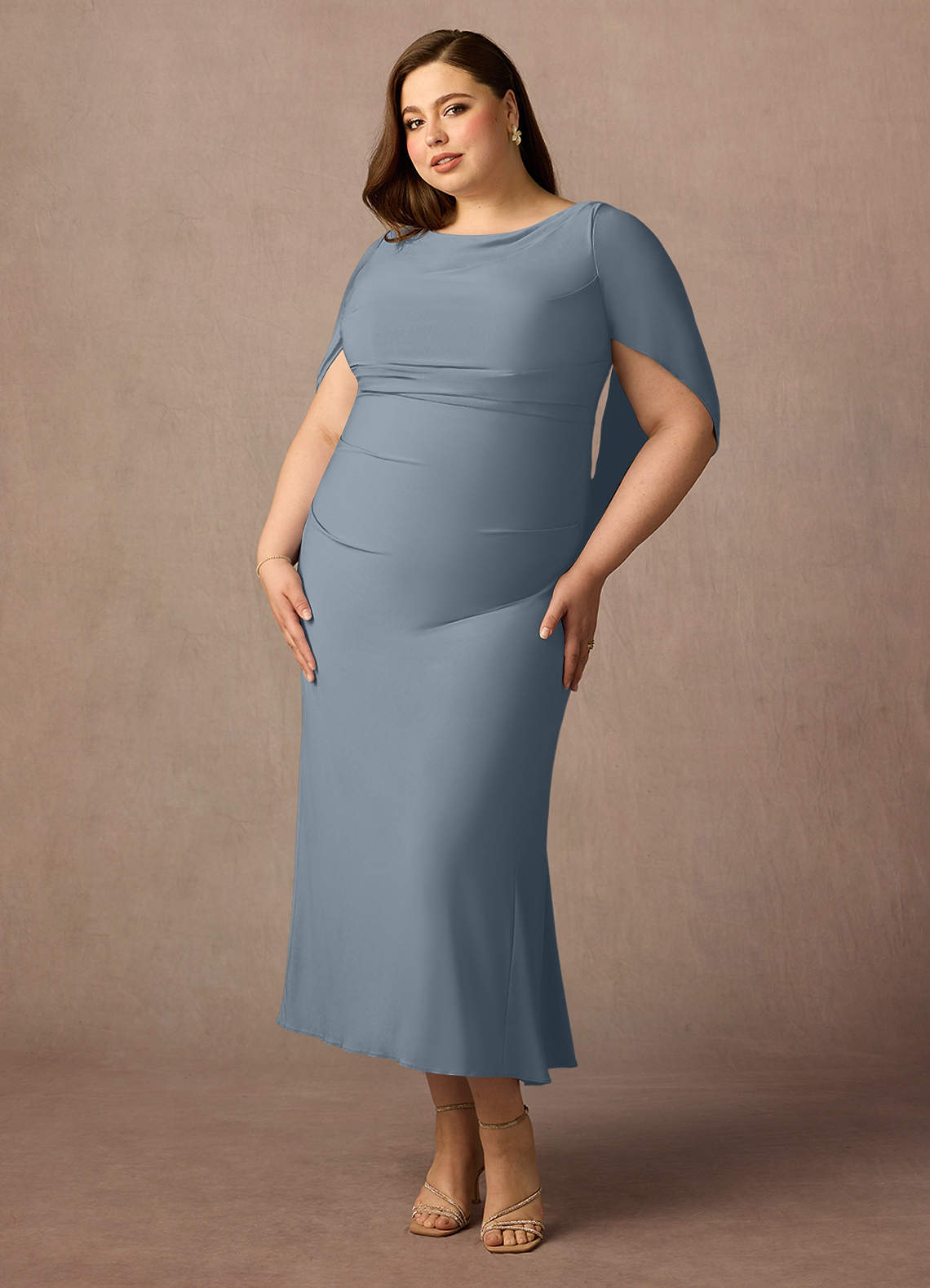 Azazie Bellona Dusty Blue Sheath Boatneck Luxe Knit Dress Ready to