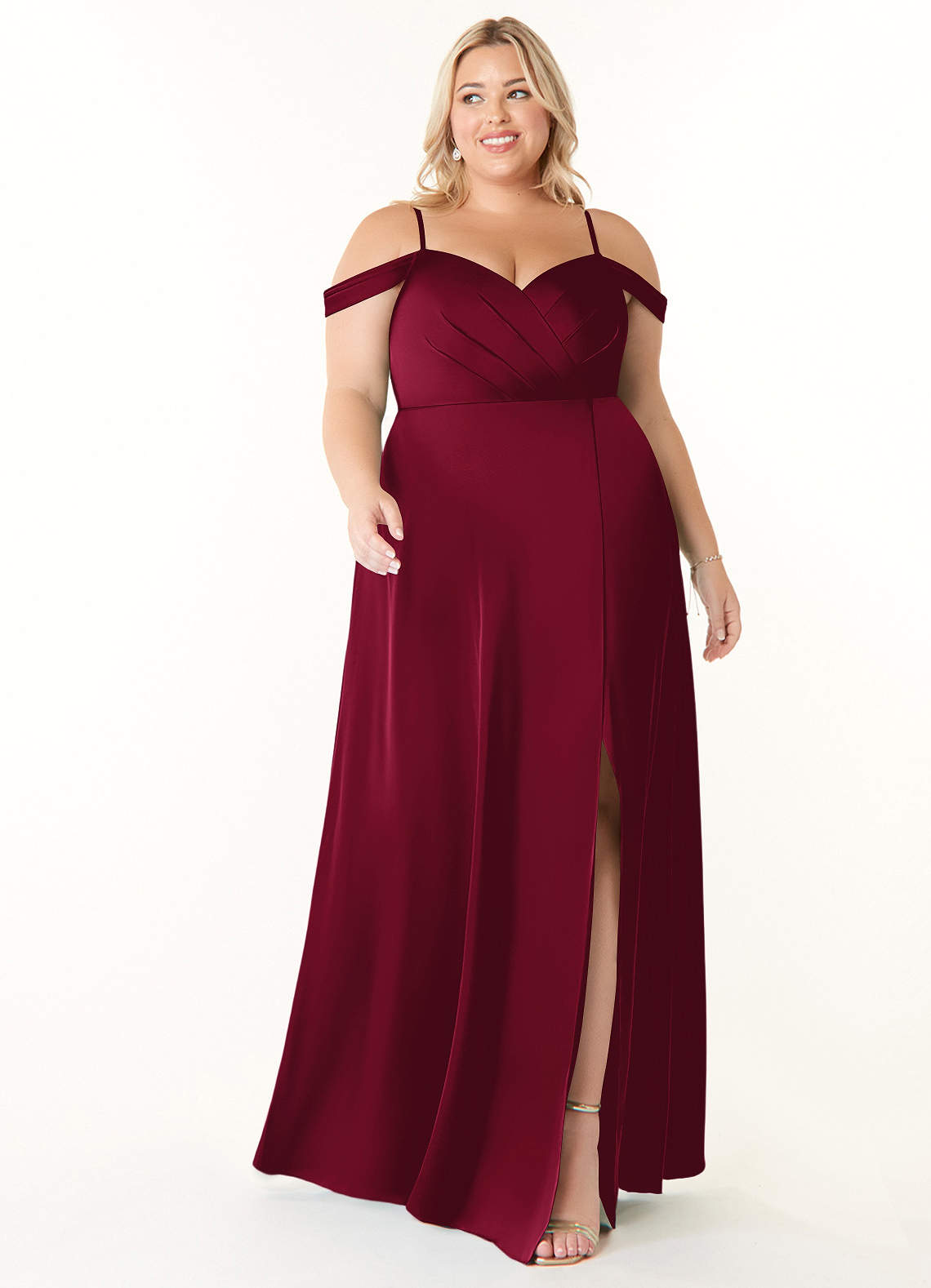 Azazie Ocean Bridesmaid Dresses Burgundy A-Line V-Neck Pleated Stretch Satin Dress image1
