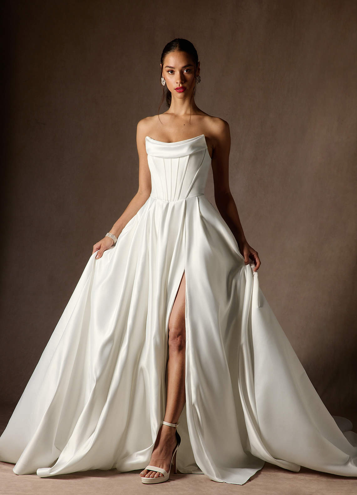 Azazie Katalina At-home Try On Dresses Diamond White Ball-Gown Strapless Satin Dress image4
