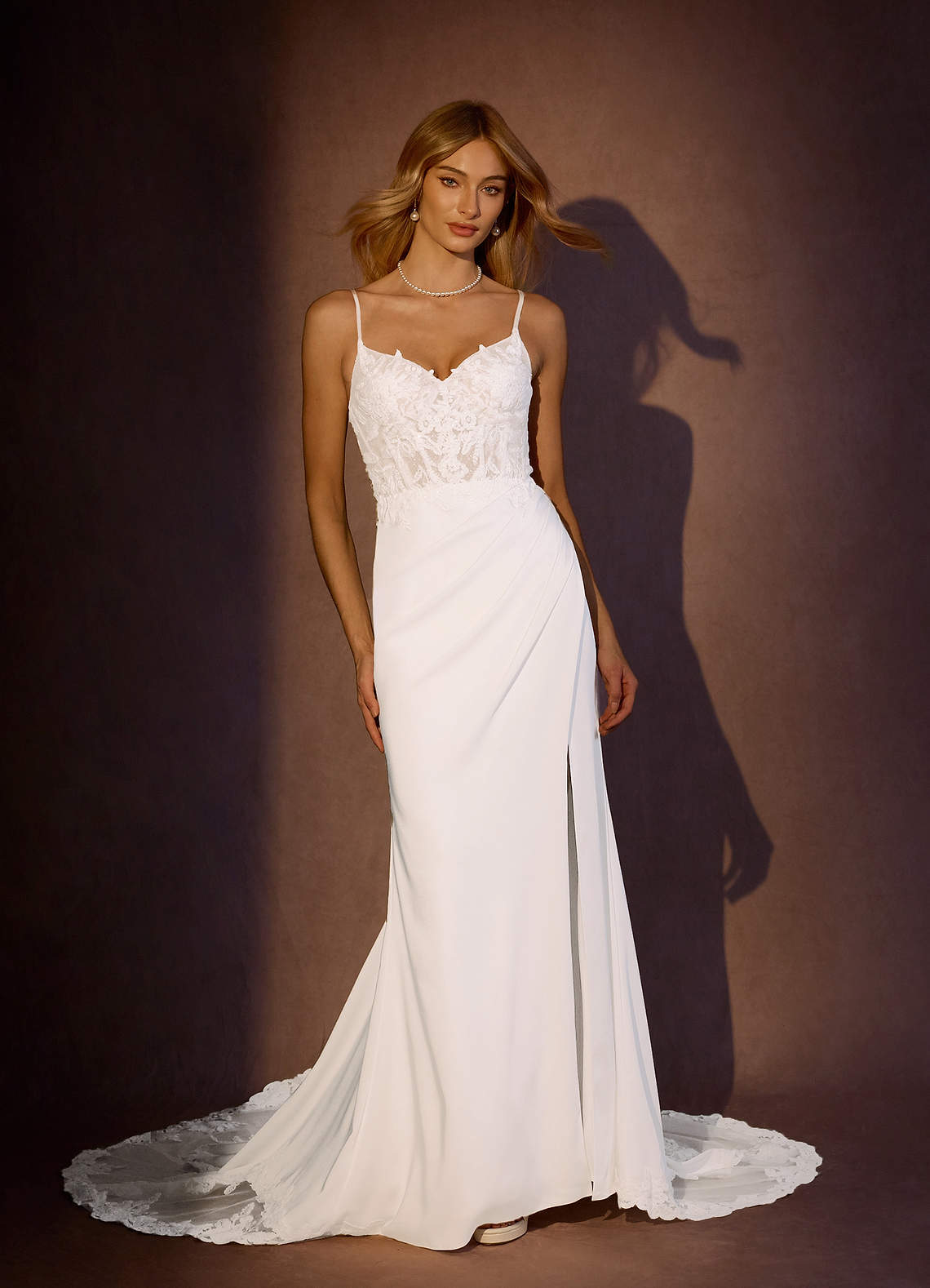 Azazie Rosalina Diamond White Mermaid V-Neck lace Crepe Back Satin
