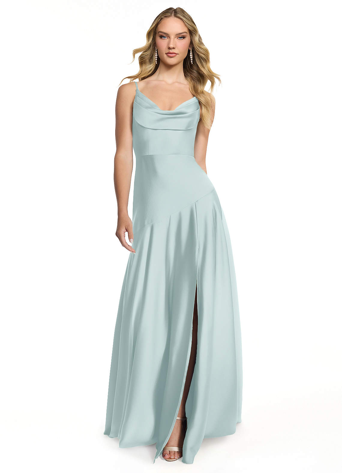 Azazie Kayla Bridesmaid Dresses Mist Sheath Side Slit Stretch Satin Dress image1