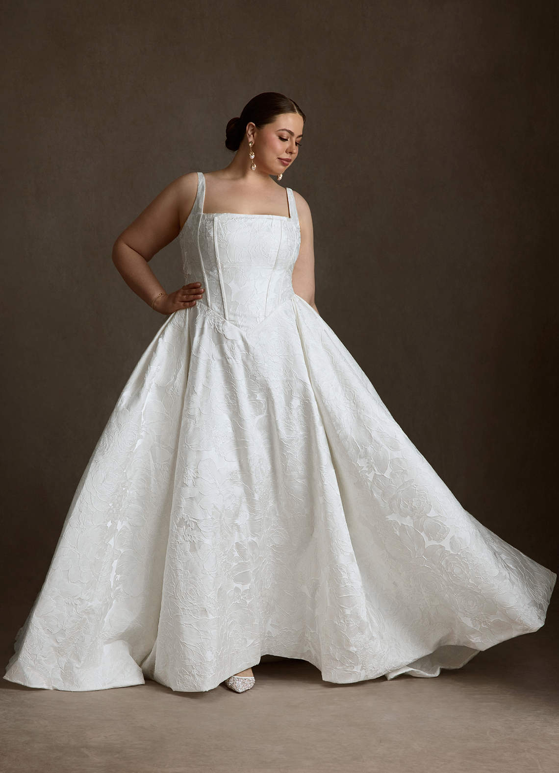 Azazie Delvina Wedding Dresses Diamond White Ball-Gown with Pockets Floral Jacquard Dress image9